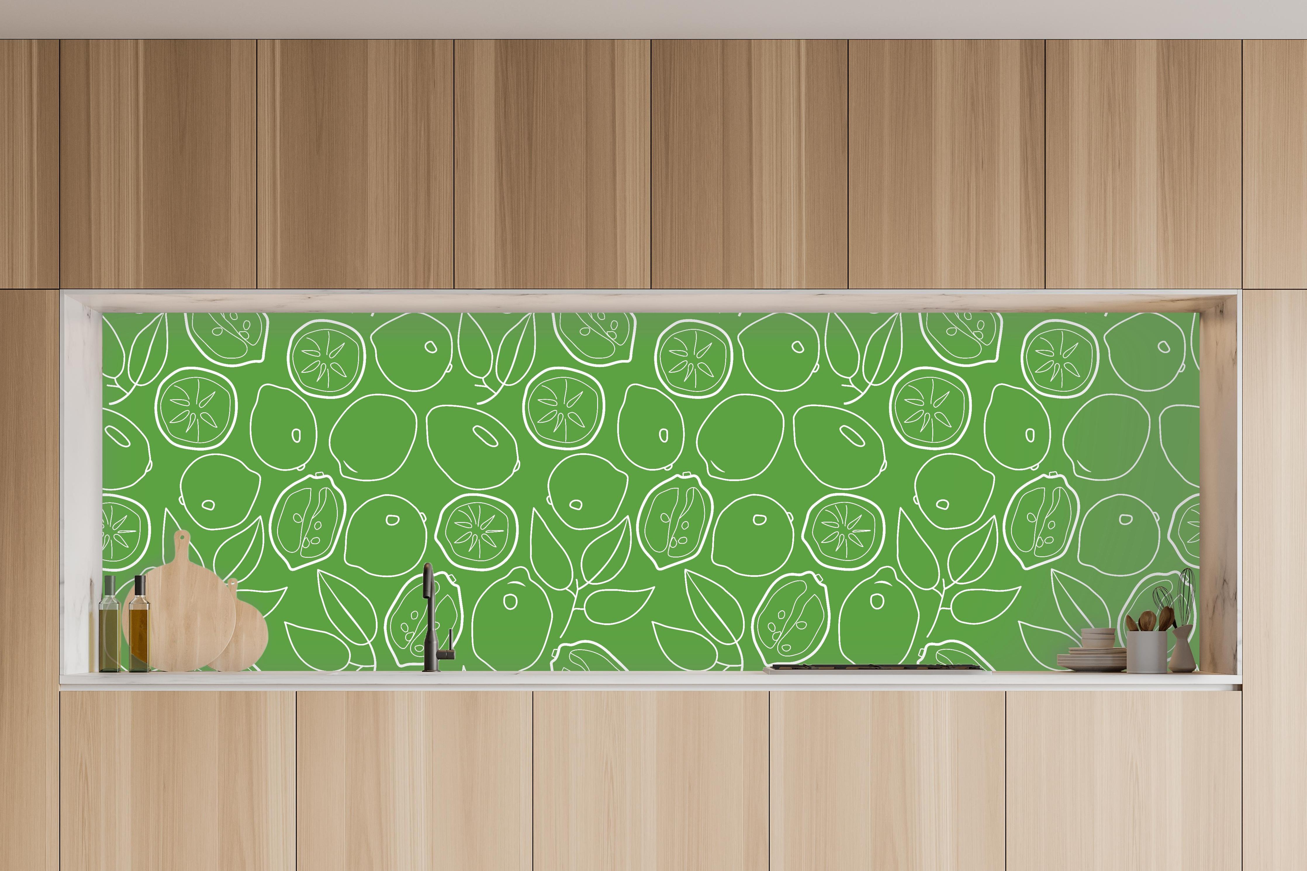 Küche - Limetten-Citrus Grünes Muster in charakteristischer Vollholz-Küche mit modernem Gasherd