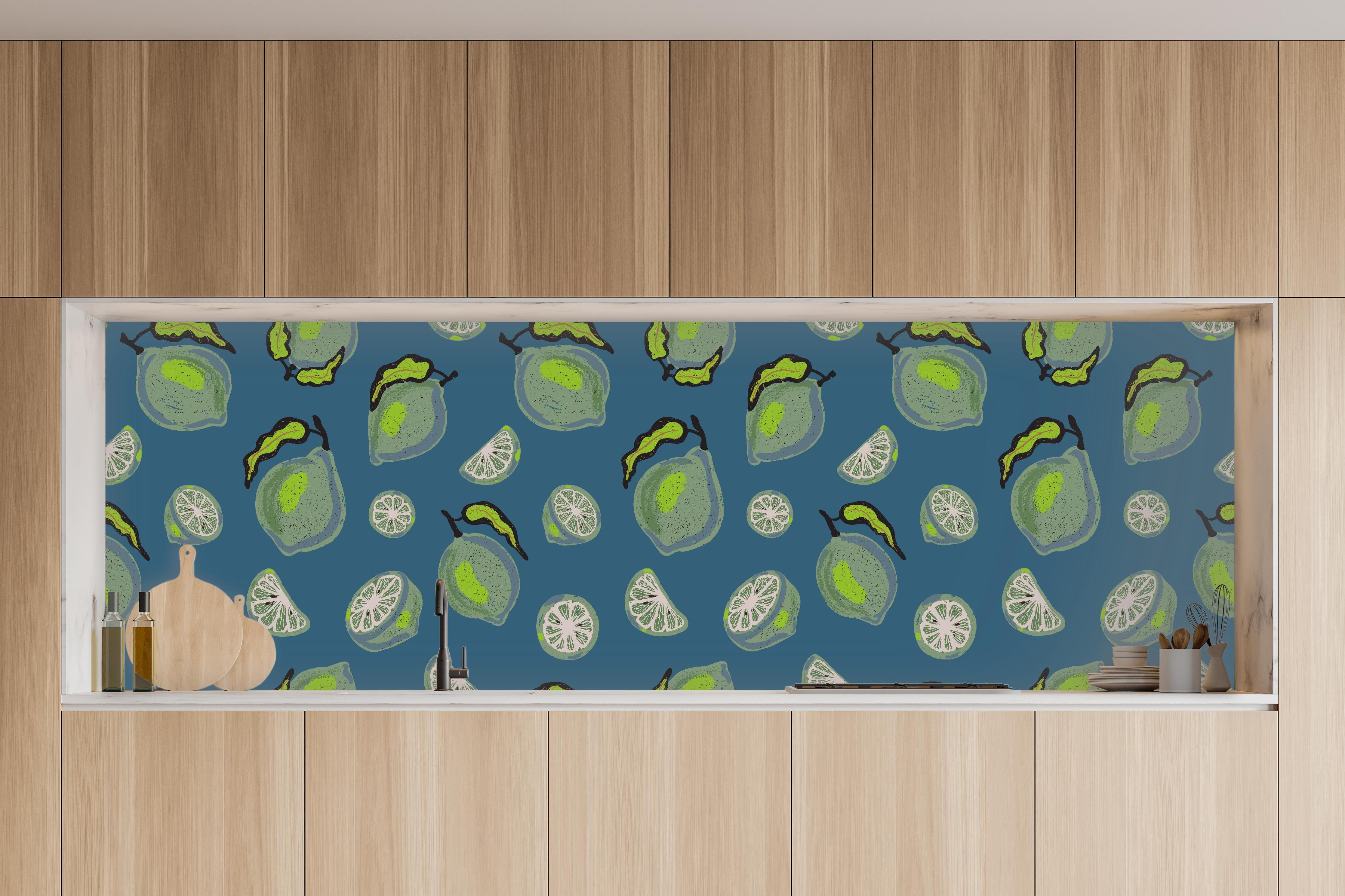 Küche - Limetten Citrus Muster Blau in charakteristischer Vollholz-Küche mit modernem Gasherd