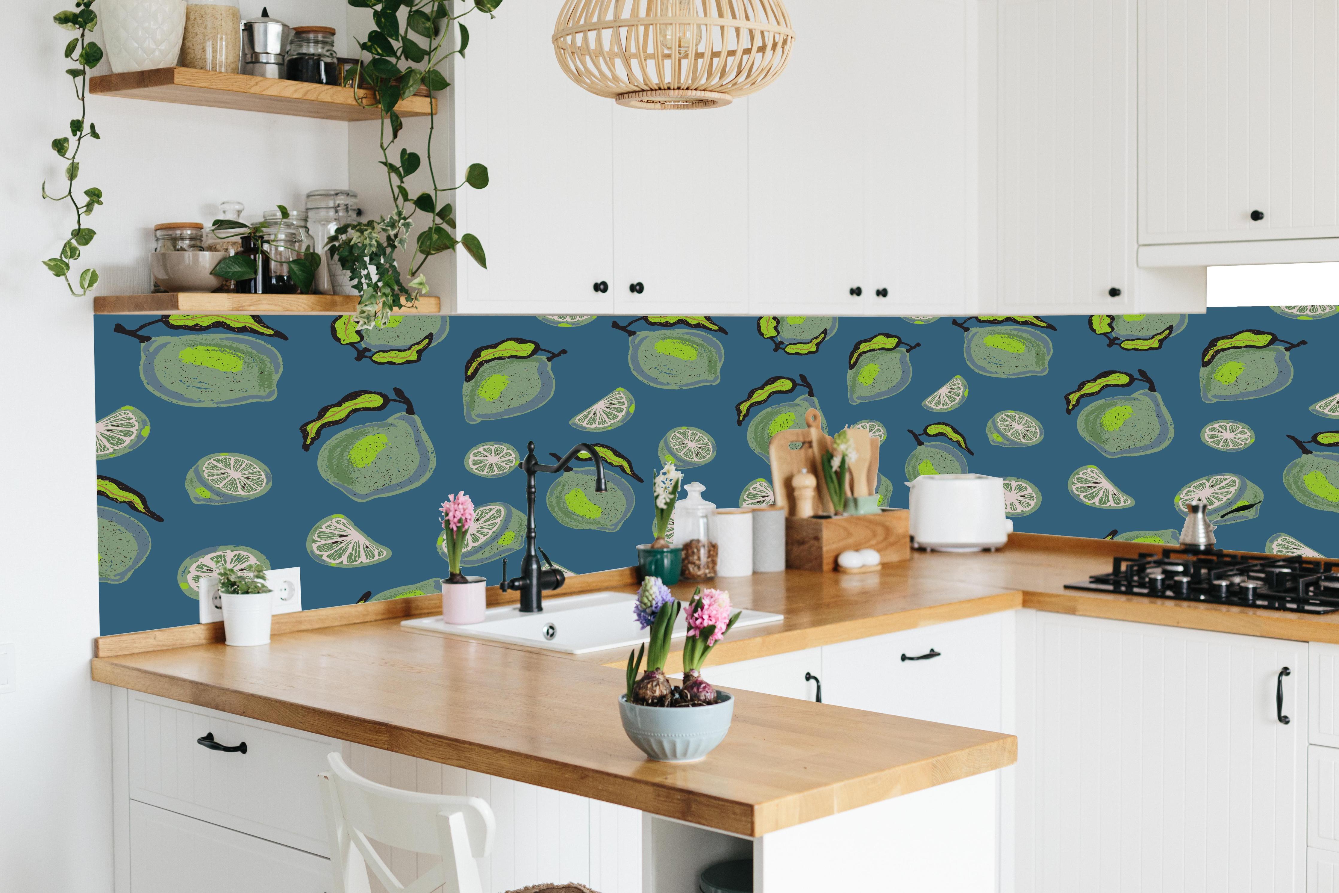 Küche - Limetten Citrus Muster Blau in lebendiger Küche mit bunten Blumen
