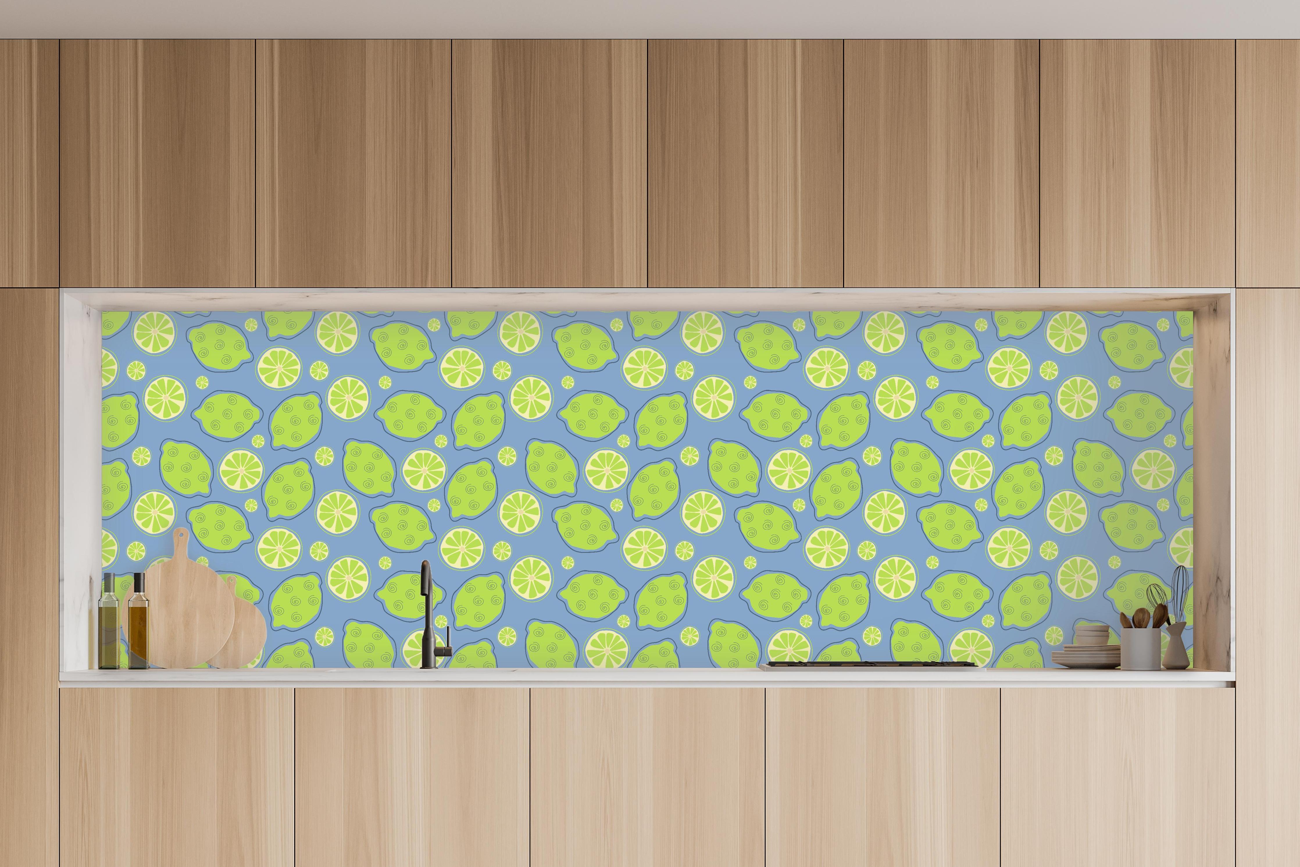 Küche - Limetten-Muster Grün-Blau in charakteristischer Vollholz-Küche mit modernem Gasherd