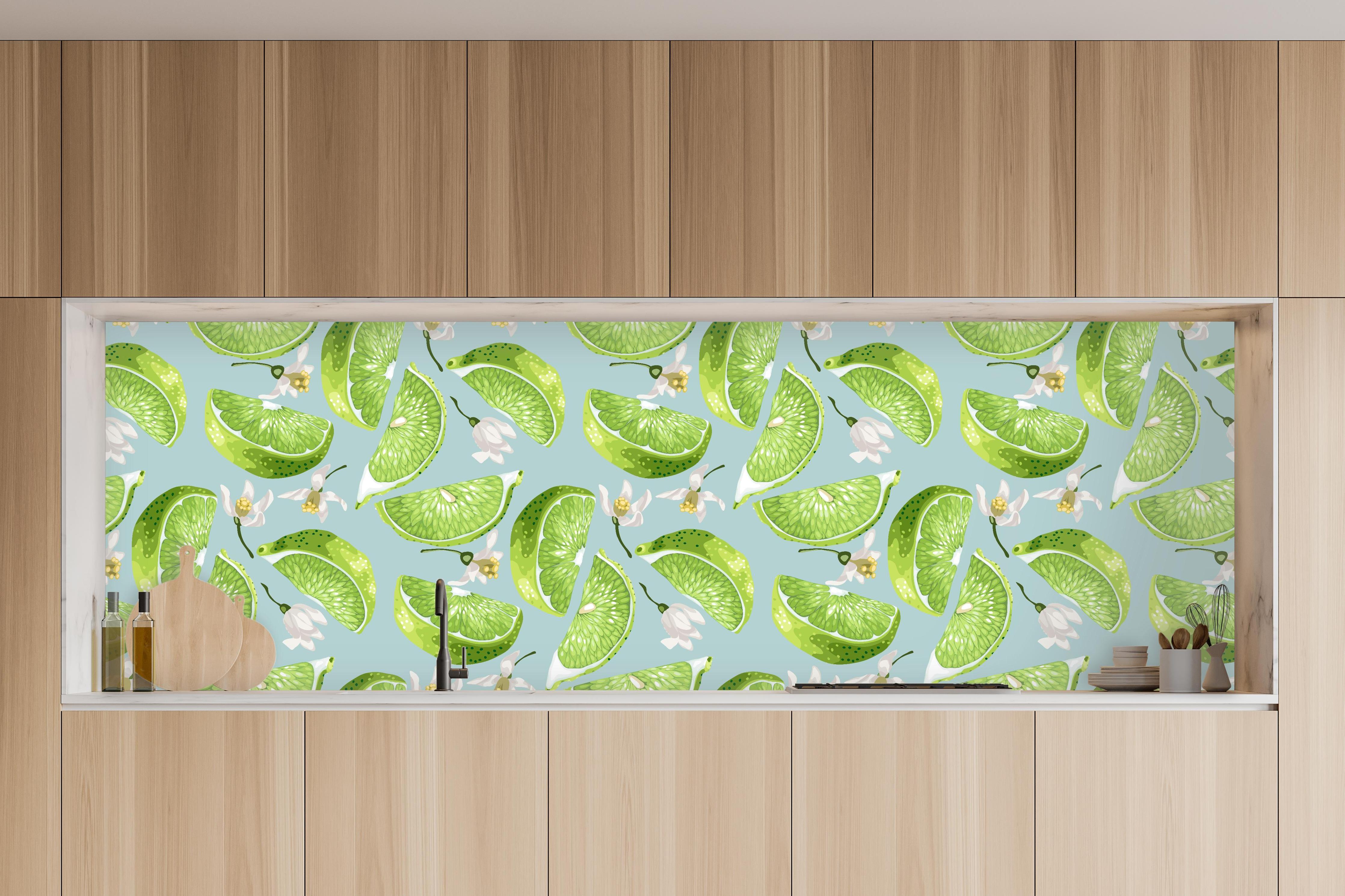 Küche - Limetten-Muster Grün-Türkis in charakteristischer Vollholz-Küche mit modernem Gasherd