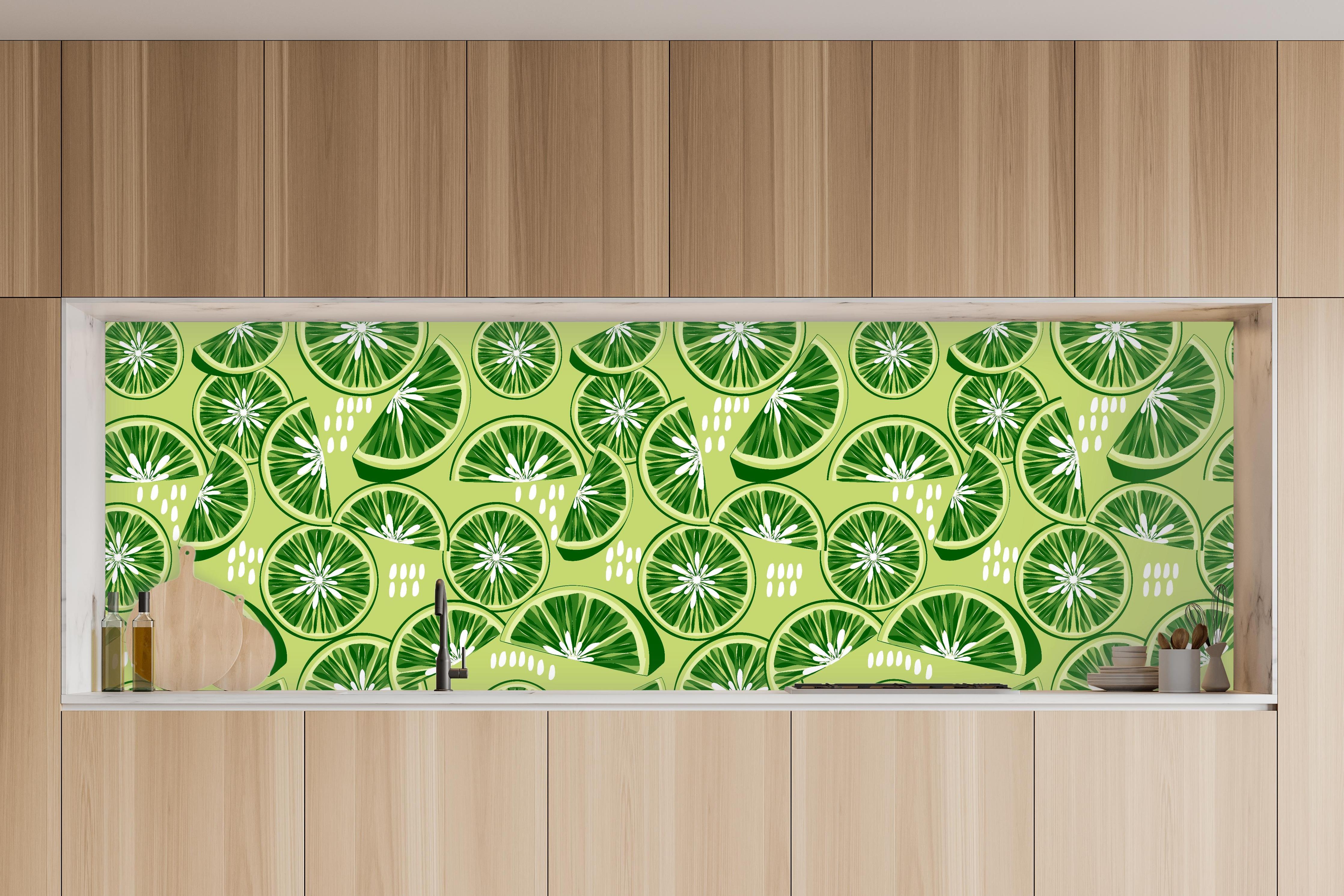 Küche - Limetten-Muster Tropisch Grün in charakteristischer Vollholz-Küche mit modernem Gasherd