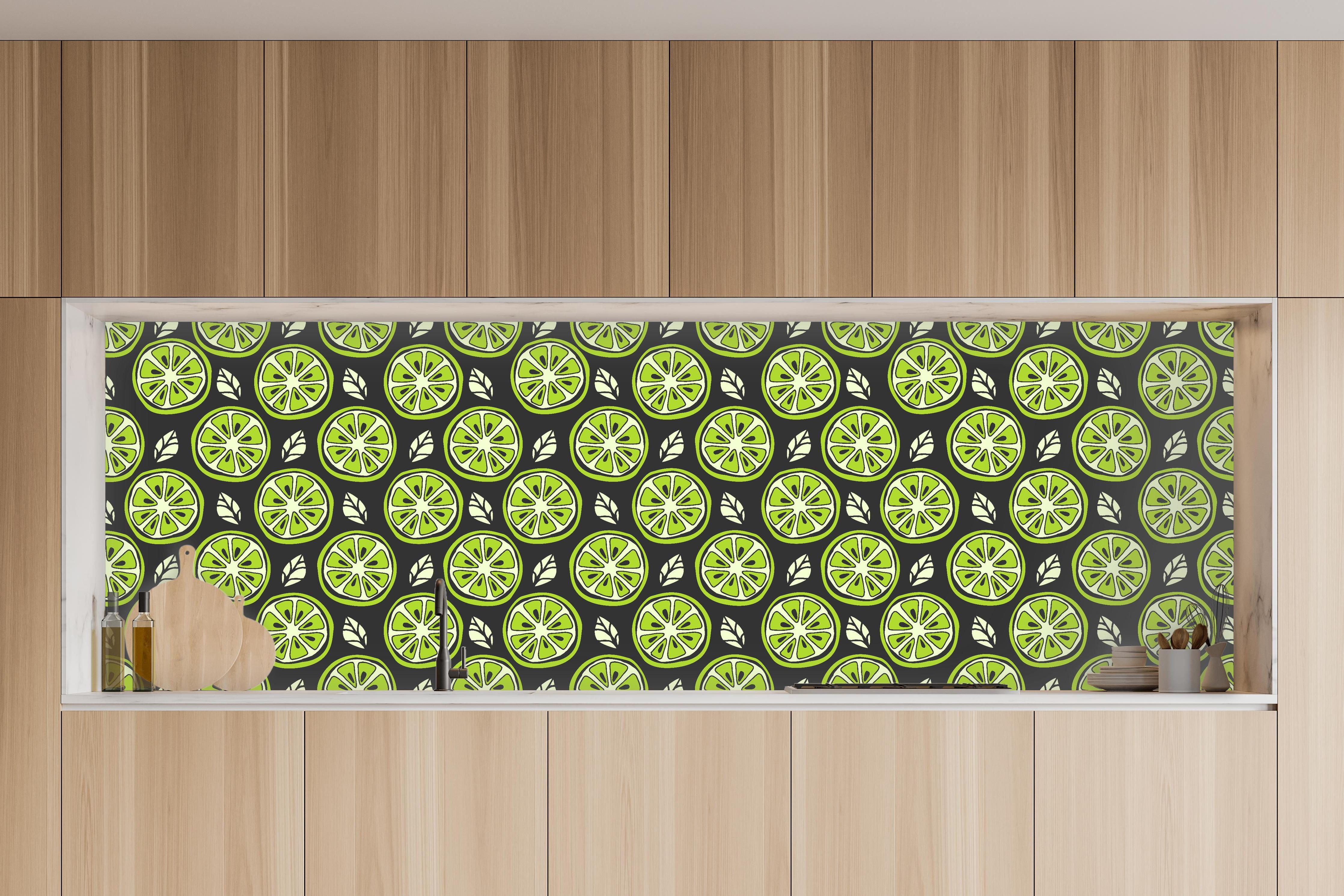 Küche - Limetten-Scheiben Citrus-Muster Grün in charakteristischer Vollholz-Küche mit modernem Gasherd