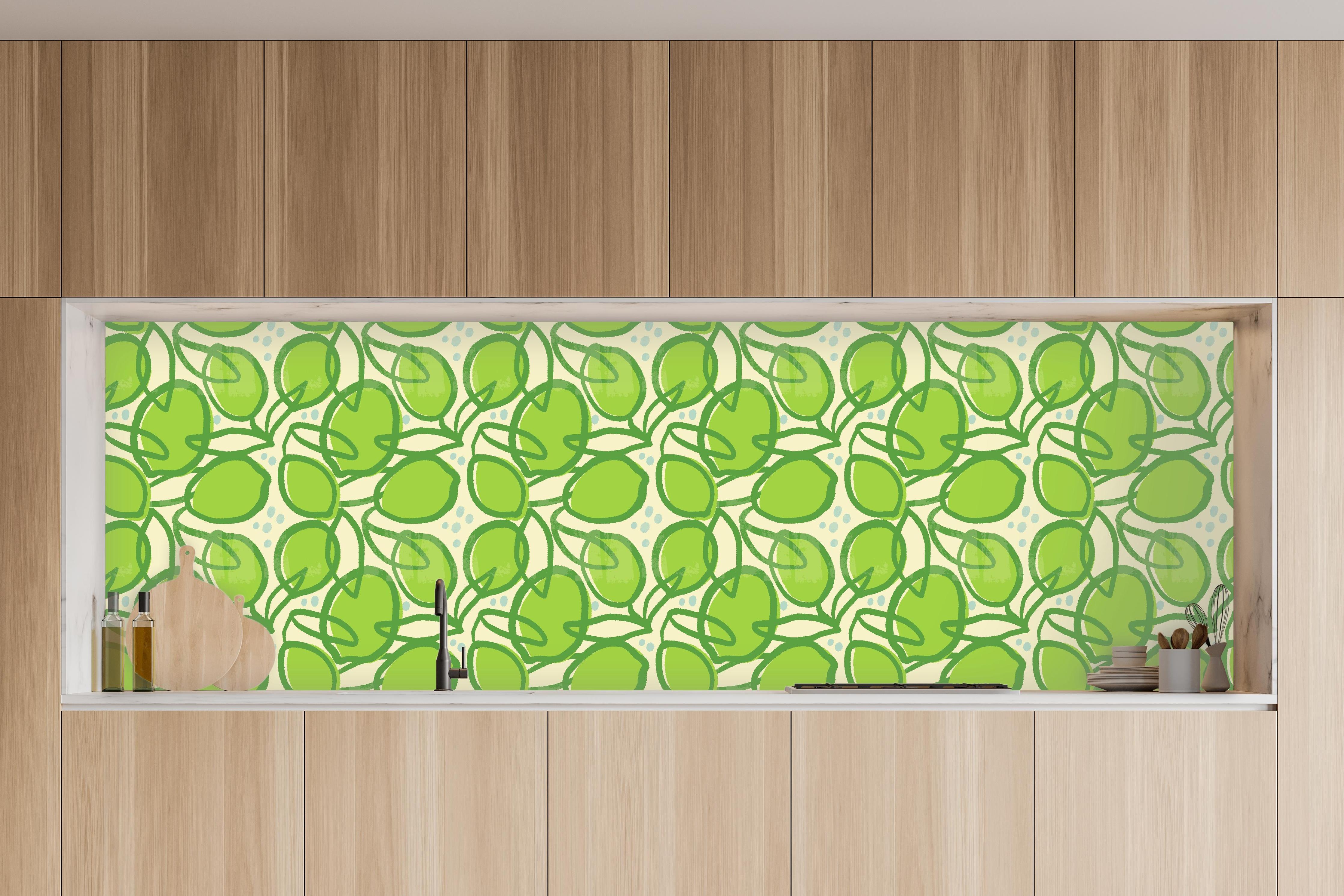 Küche - Limettenmuster Neon-Grün in charakteristischer Vollholz-Küche mit modernem Gasherd