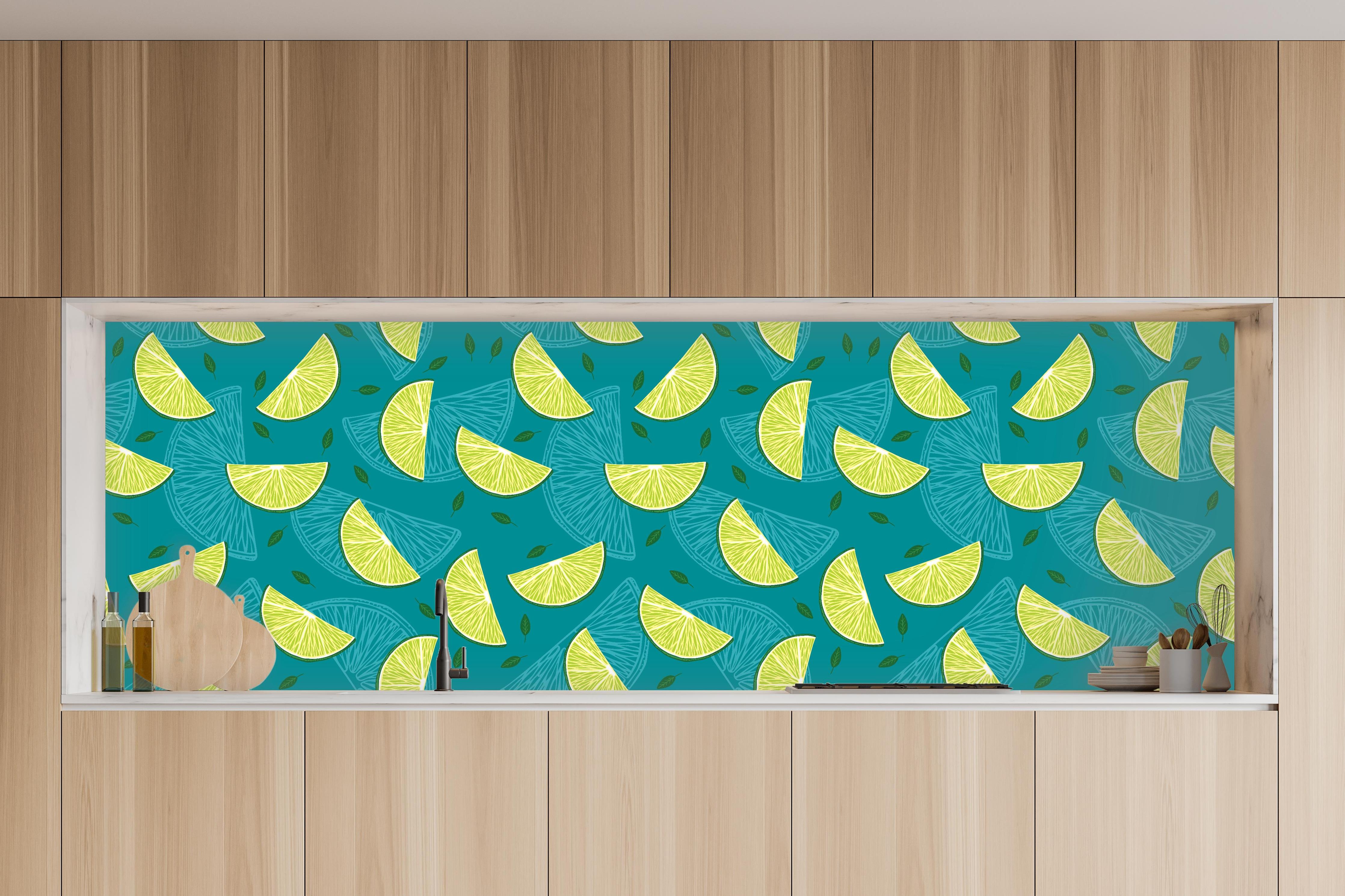 Küche - Limettenmuster Türkis-Grün in charakteristischer Vollholz-Küche mit modernem Gasherd