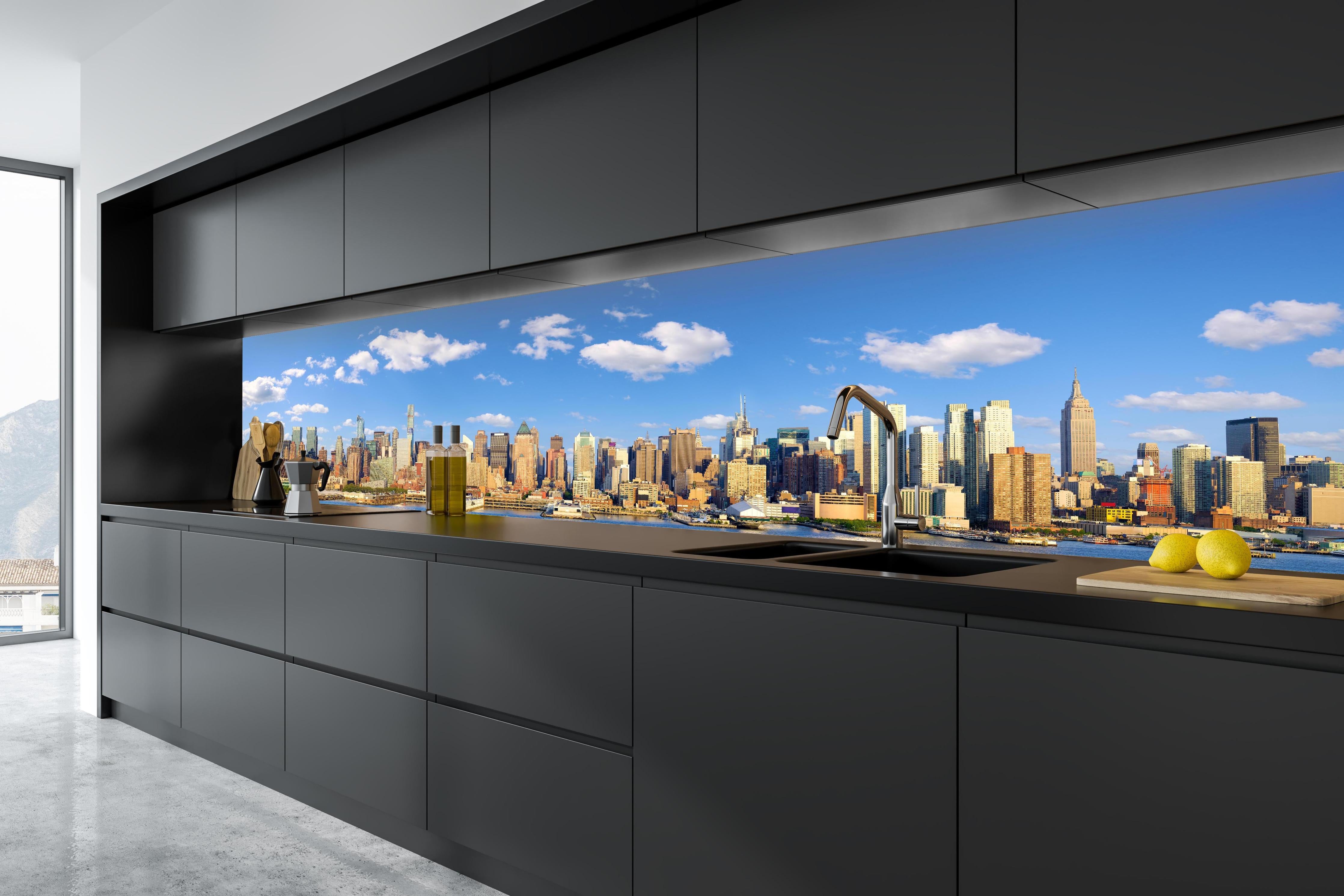 Küche - Manhattan Skyline Blau-Beige in tiefschwarzer matt-premium Einbauküche