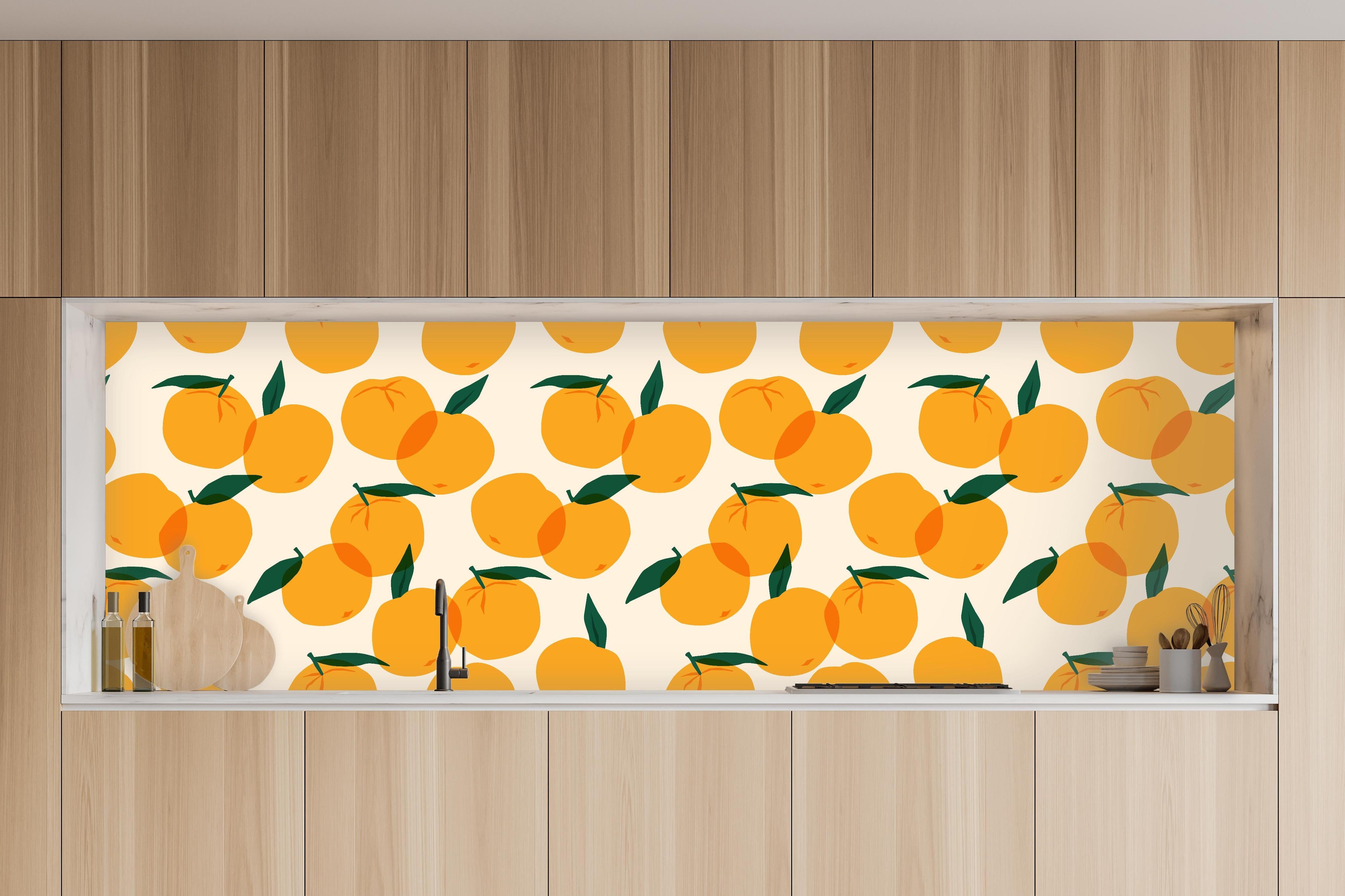 Küche - Mediterranes Citrus-Orangenmuster in charakteristischer Vollholz-Küche mit modernem Gasherd