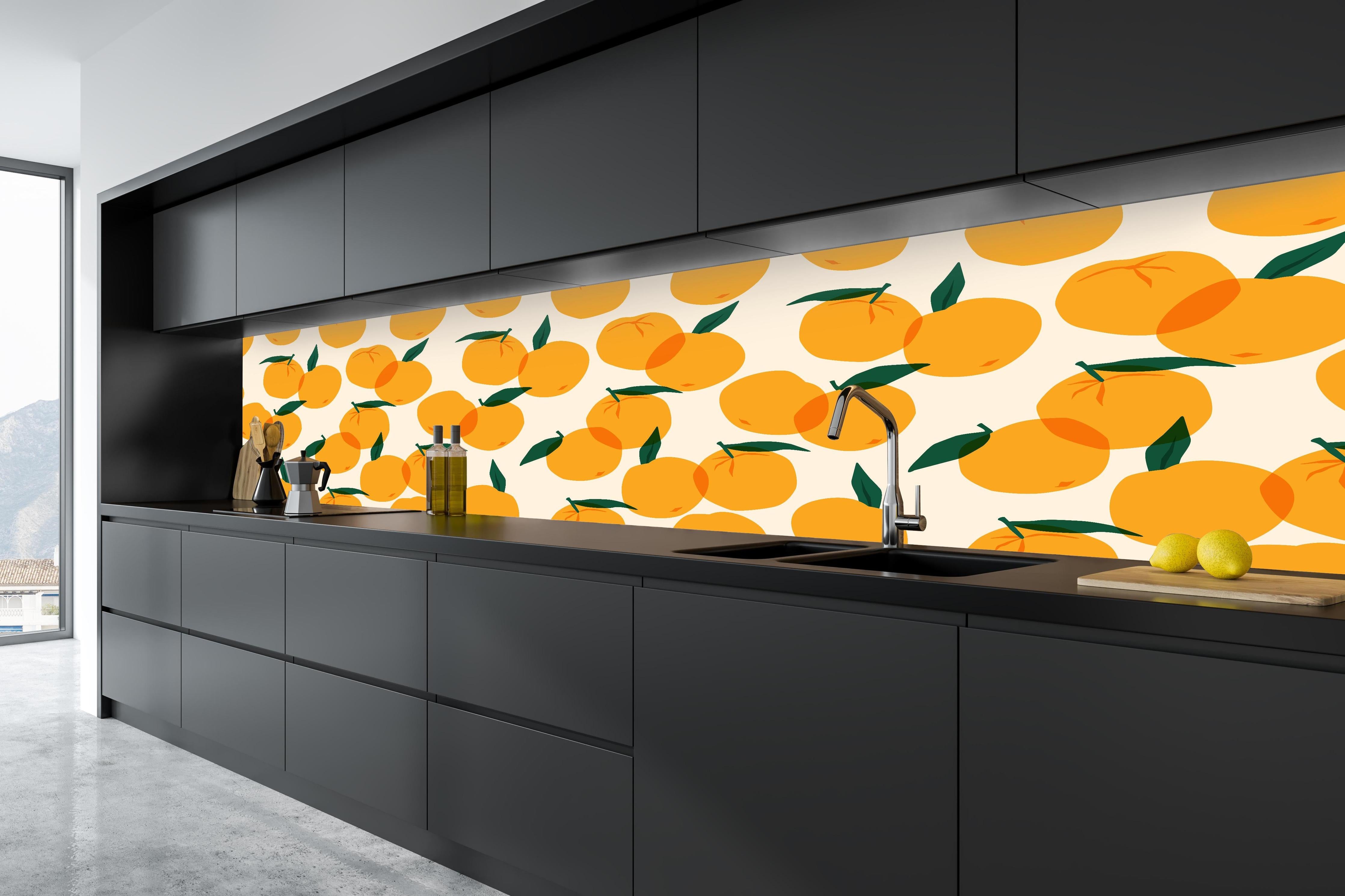 Küche - Mediterranes Citrus-Orangenmuster in tiefschwarzer matt-premium Einbauküche