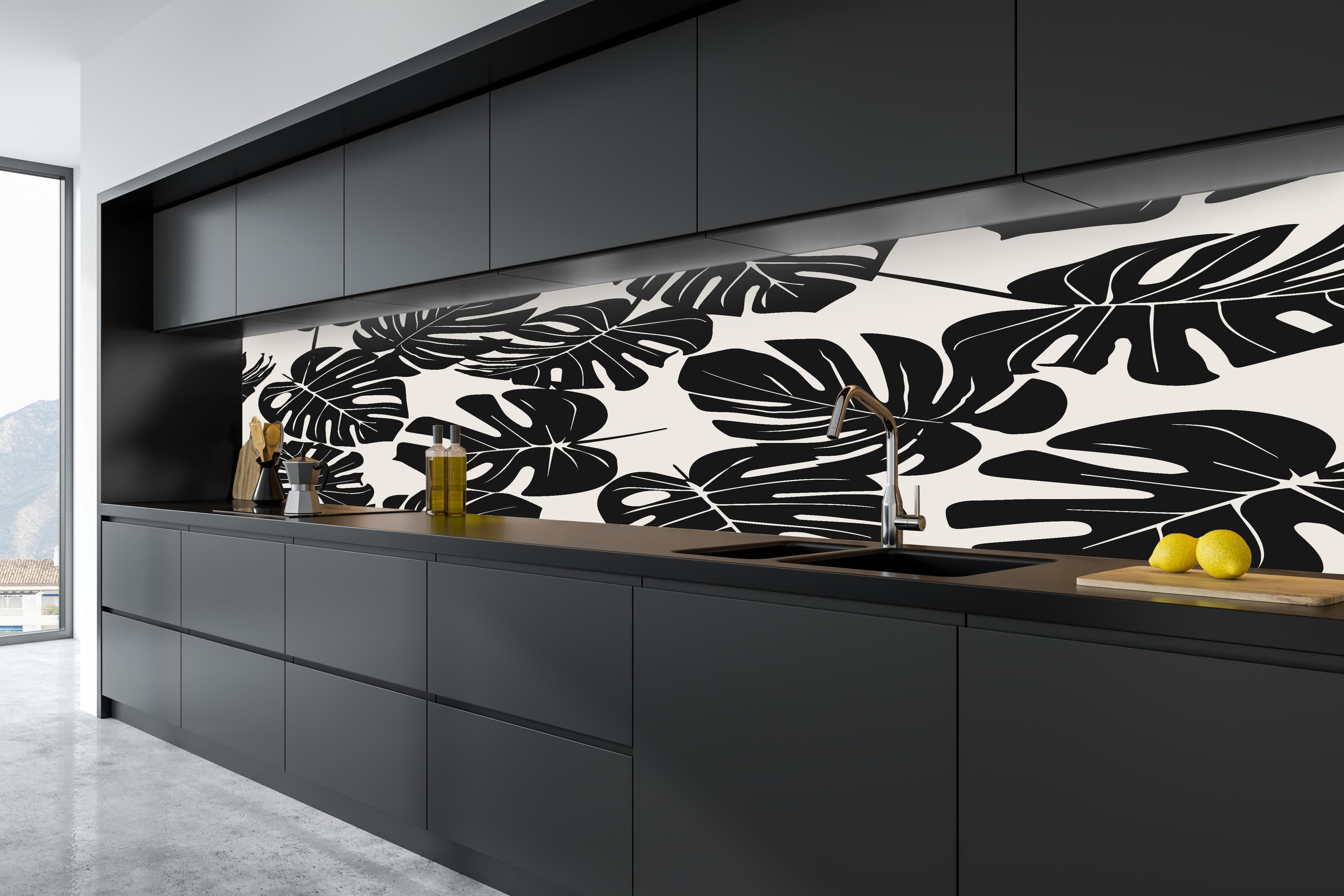 Küche - Monstera Schwarz-Beige Muster in tiefschwarzer matt-premium Einbauküche