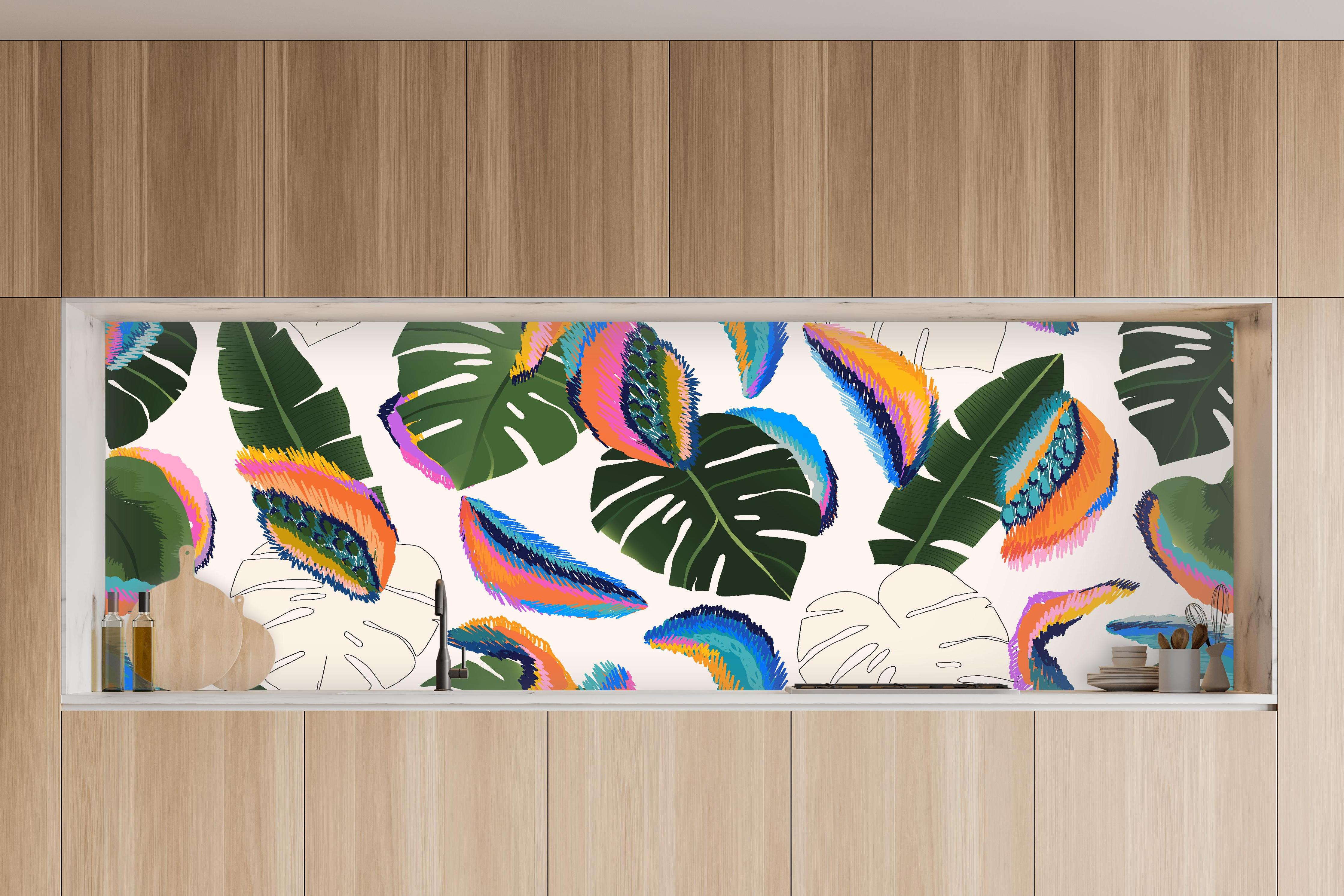 Küche - Monstera Tropic Bunte Blätter in charakteristischer Vollholz-Küche mit modernem Gasherd