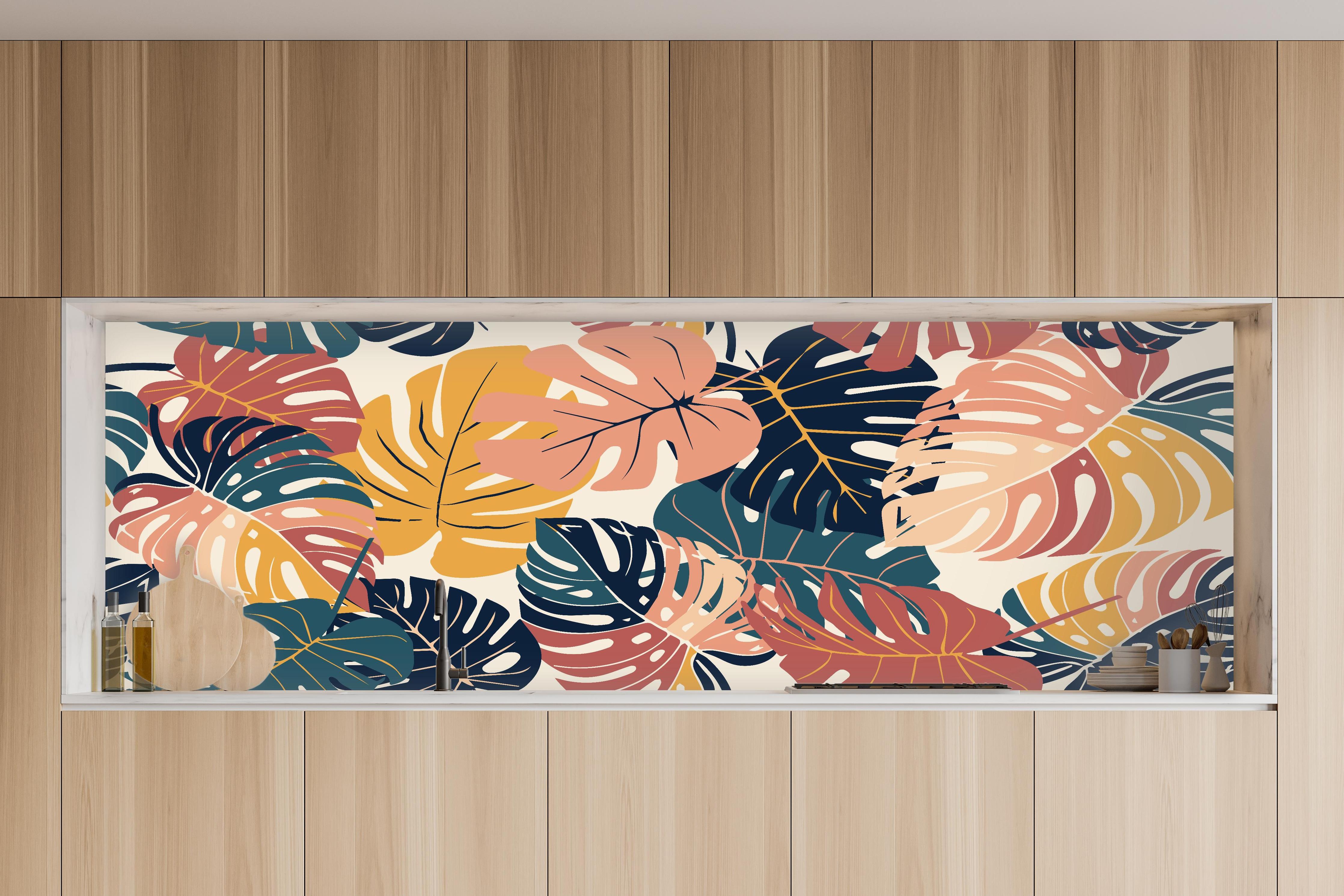 Küche - Monstera Tropic Koralle Türkis in charakteristischer Vollholz-Küche mit modernem Gasherd