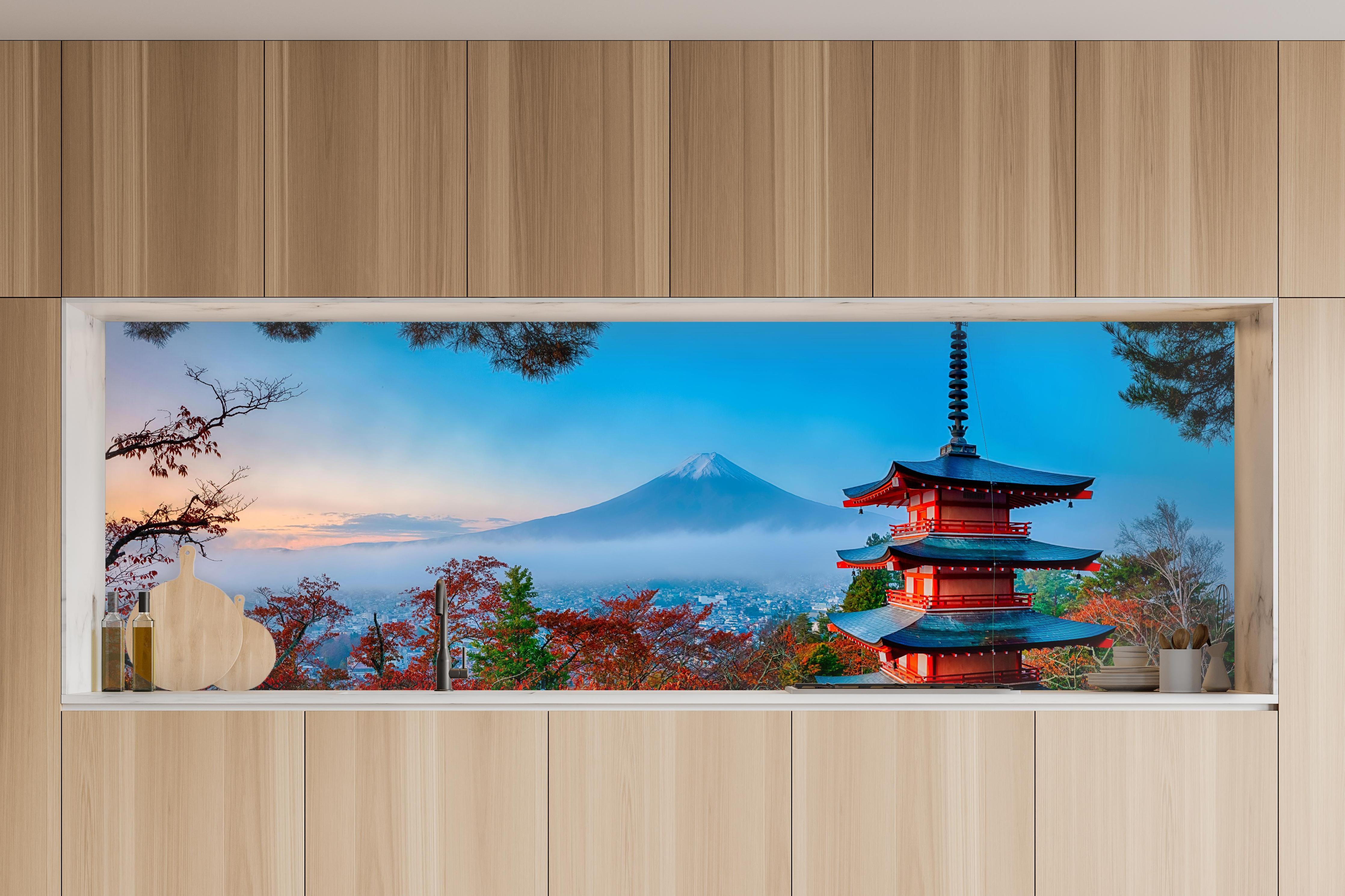 Küche - Mount Fuji mit Pagode im Herbst in charakteristischer Vollholz-Küche mit modernem Gasherd