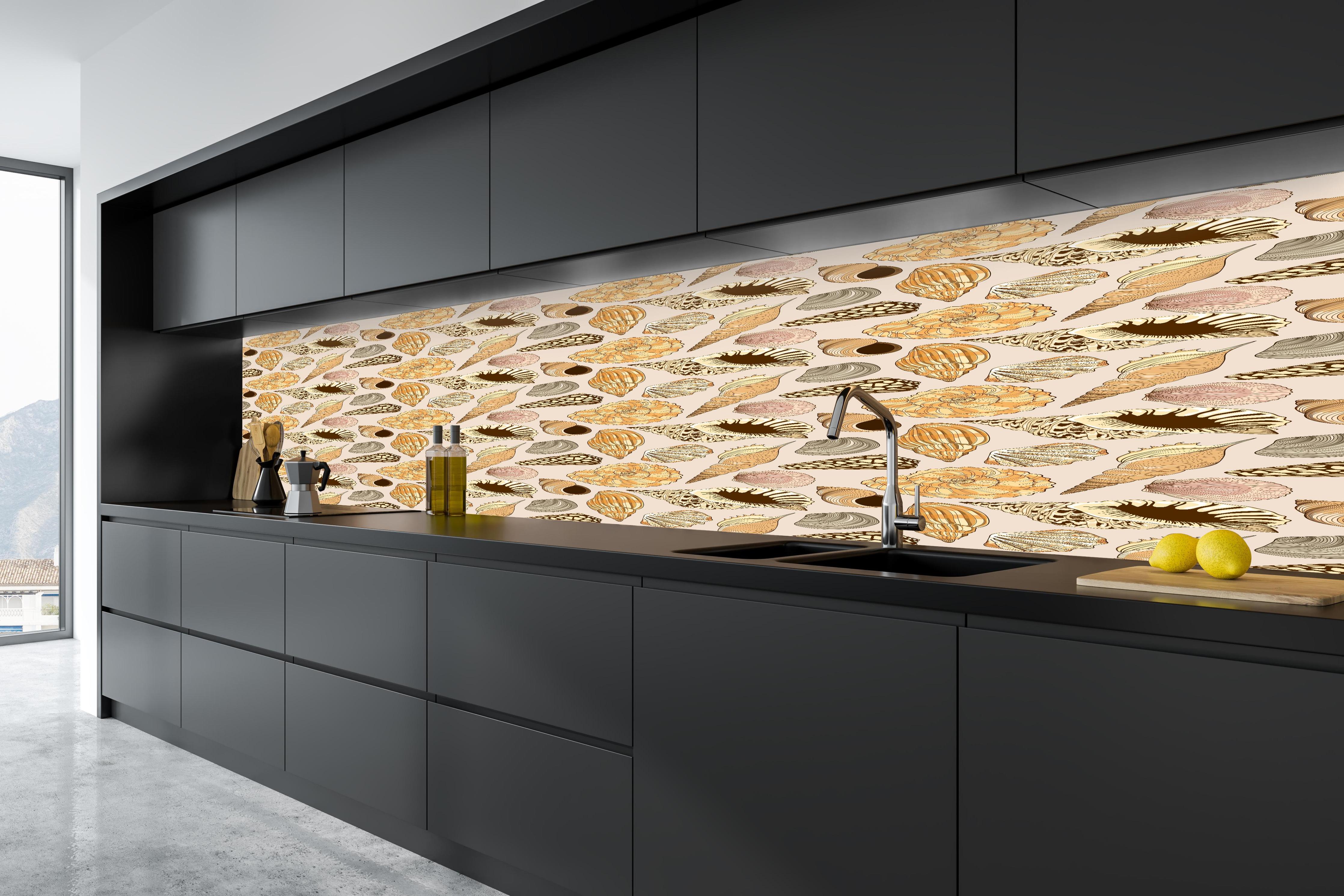 Küche - Muschelmuster Beige-Orange in tiefschwarzer matt-premium Einbauküche