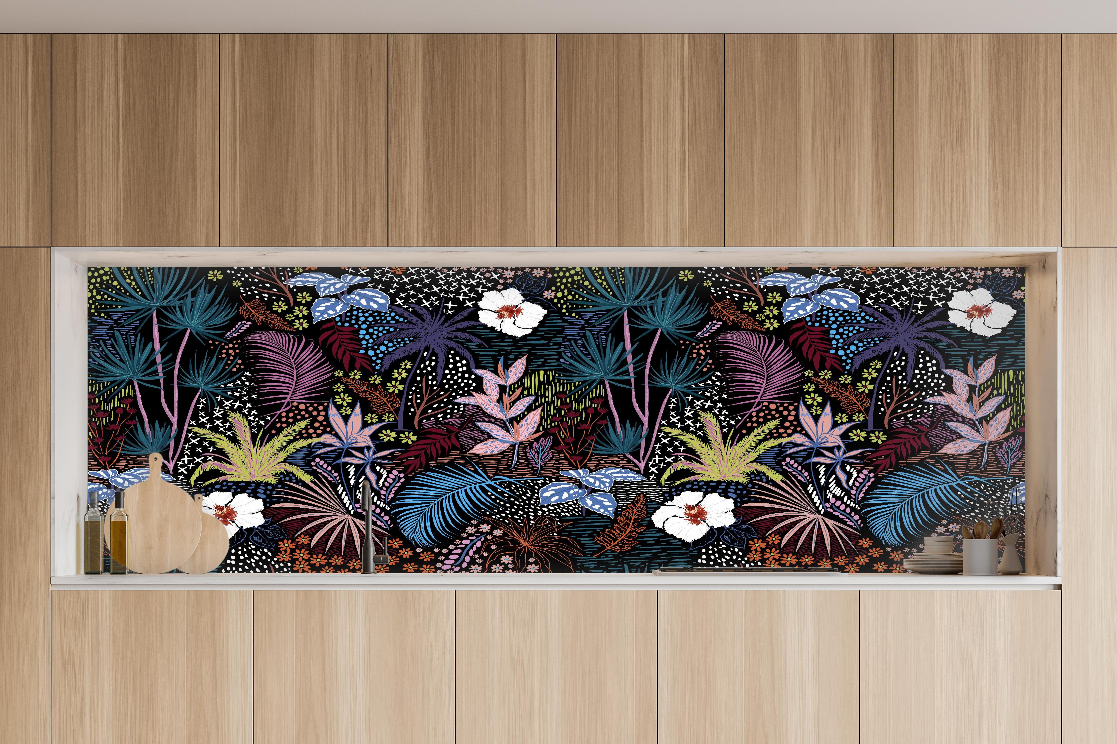 Küche - Mystic Tropic Pflanzenmuster in charakteristischer Vollholz-Küche mit modernem Gasherd