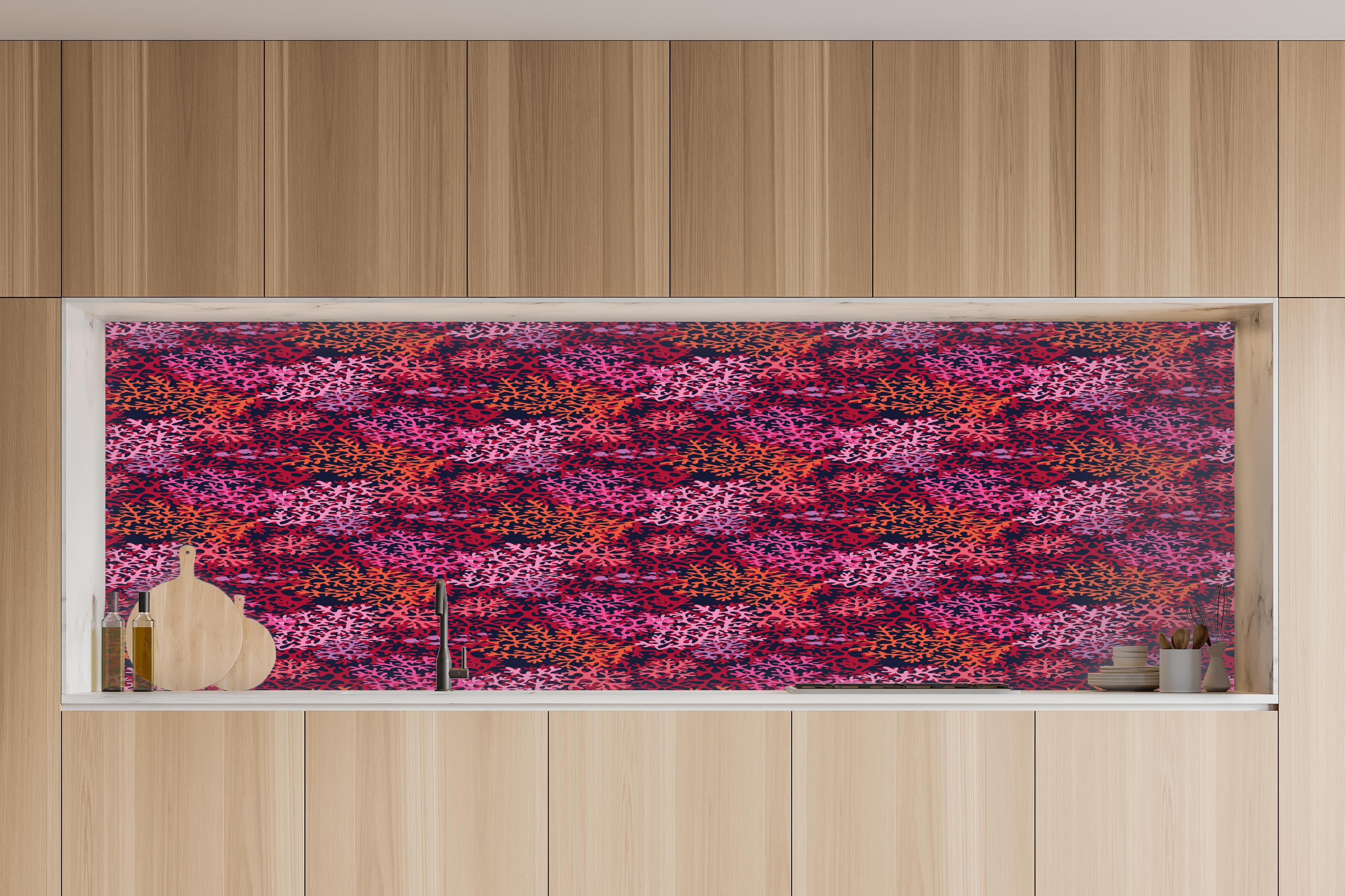 Küche - Neon-Korallen Pink Muster in charakteristischer Vollholz-Küche mit modernem Gasherd