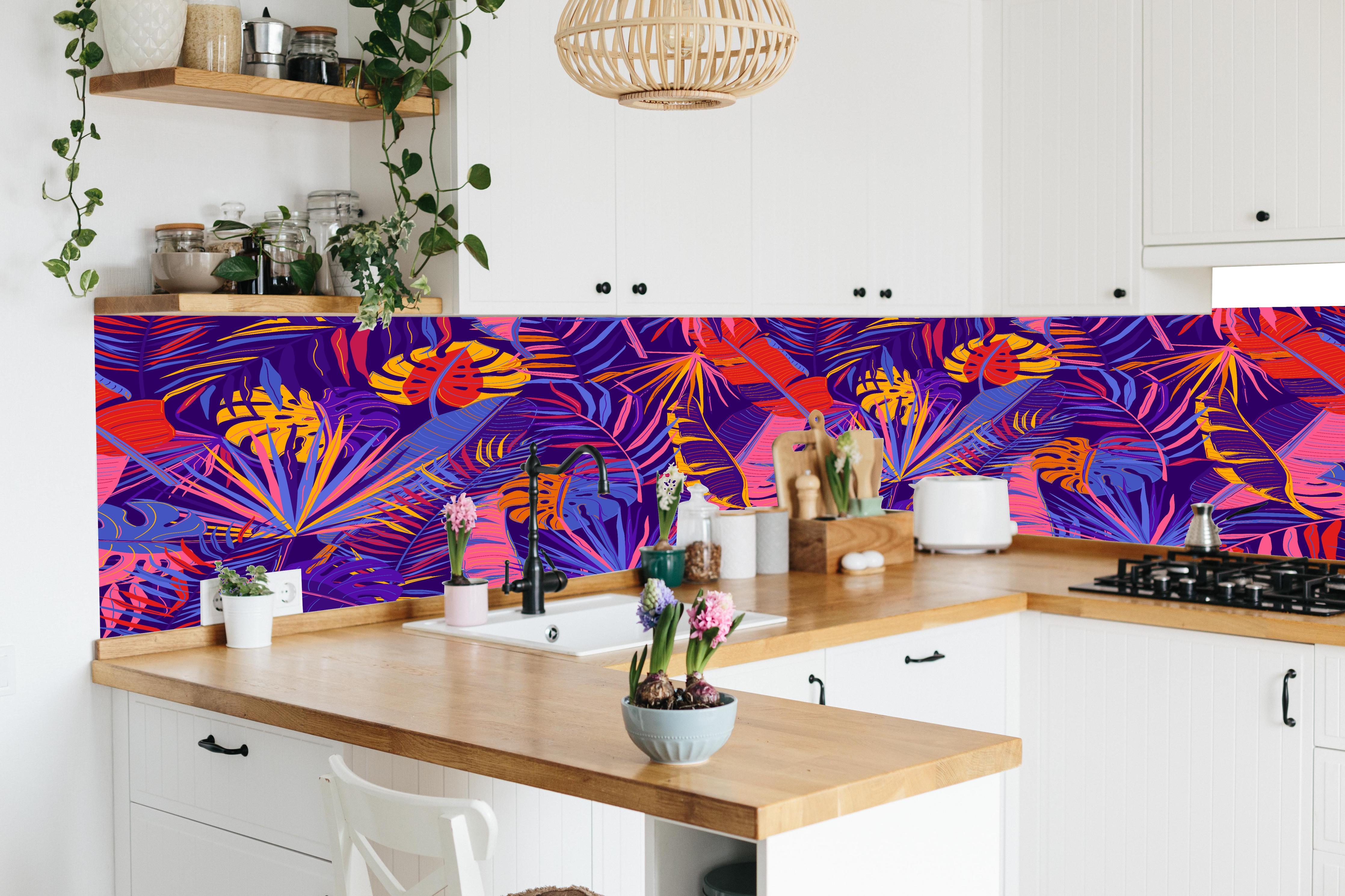 Küche - Neon Tropenblätter Muster in lebendiger Küche mit bunten Blumen