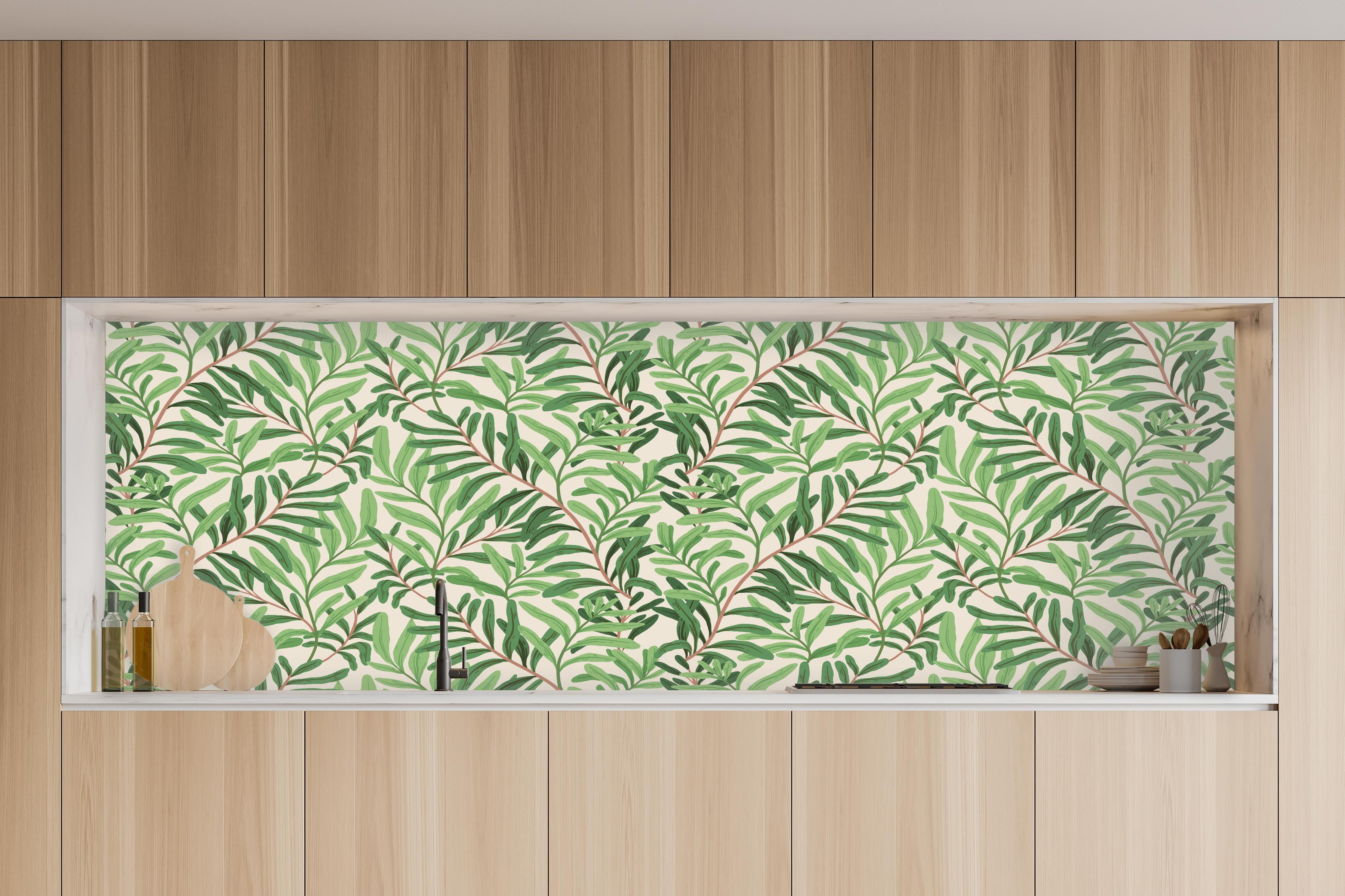 Küche - Olivenblätter Muster Grün-Beige in charakteristischer Vollholz-Küche mit modernem Gasherd