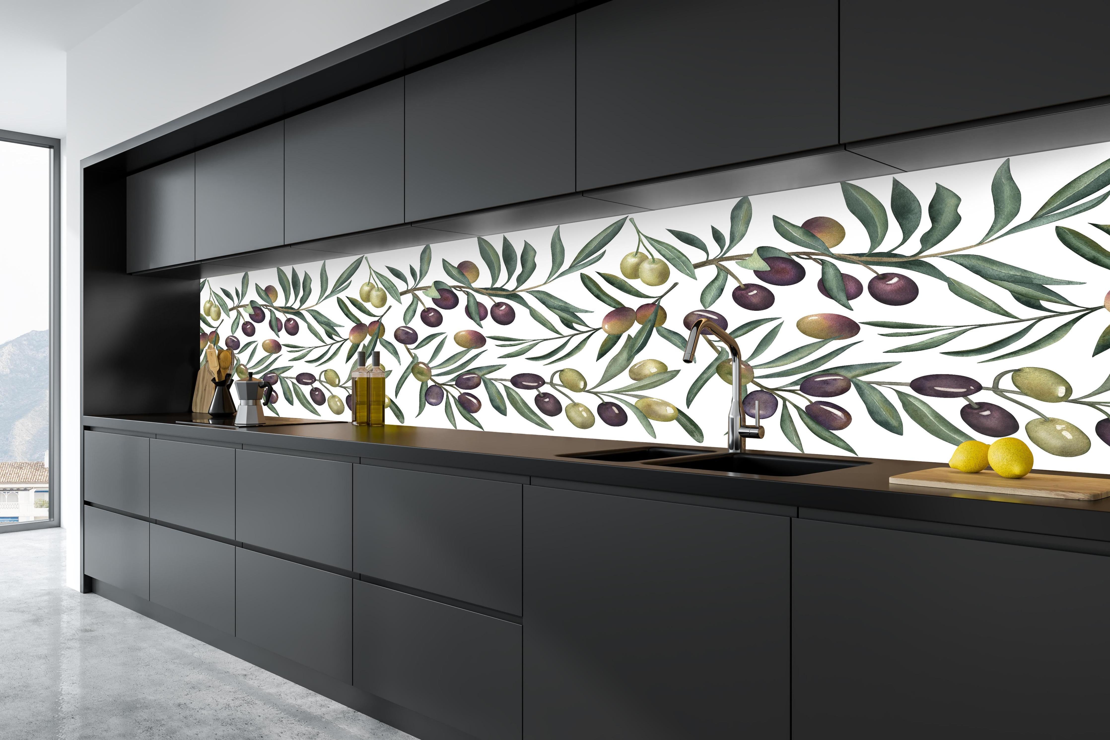 Küche - Olivenzweige Aquarell-Muster in tiefschwarzer matt-premium Einbauküche