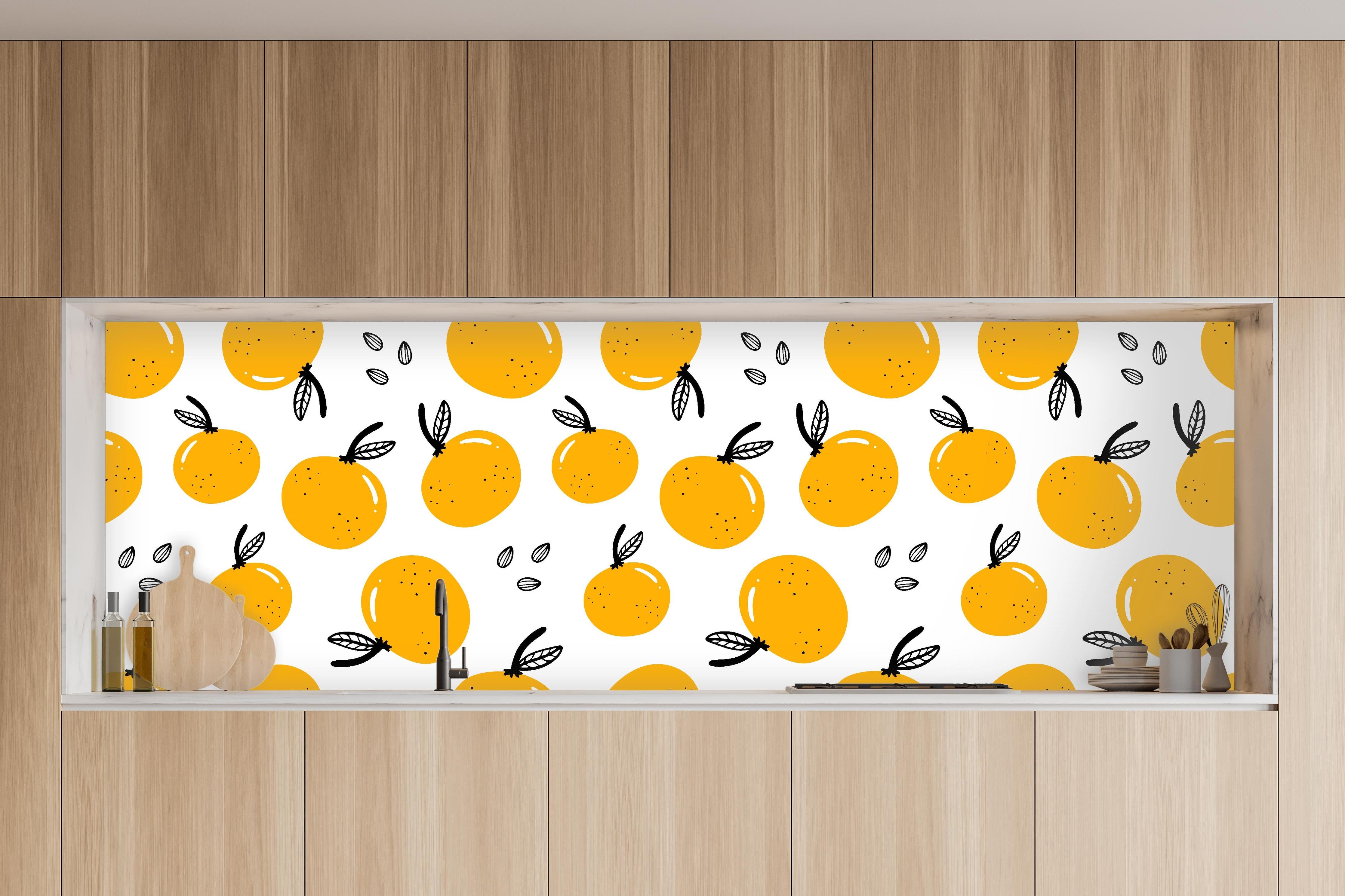 Küche - Orange Drops Citrus-Muster in charakteristischer Vollholz-Küche mit modernem Gasherd