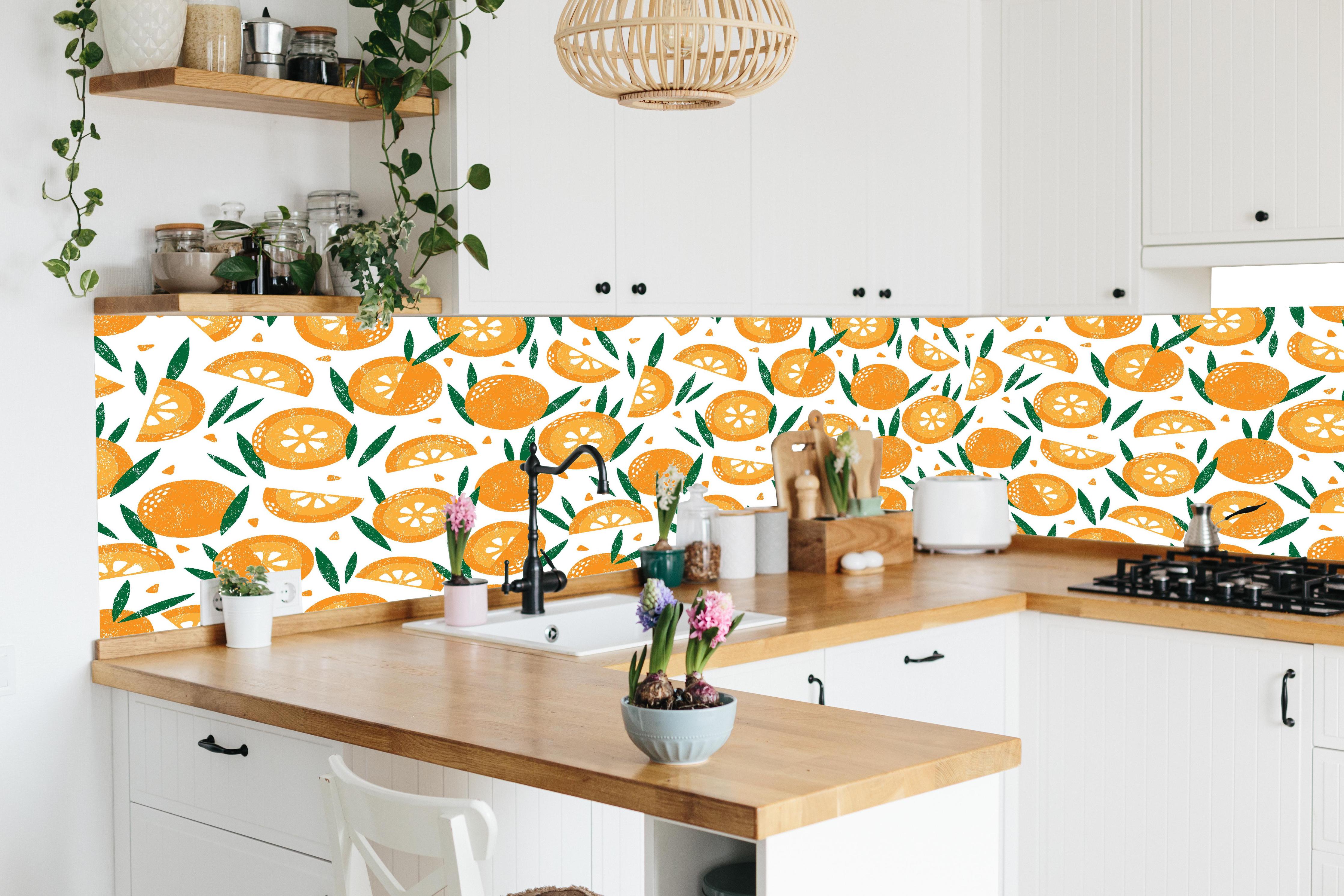 Küche - Orangenmuster Radiant Slice in lebendiger Küche mit bunten Blumen