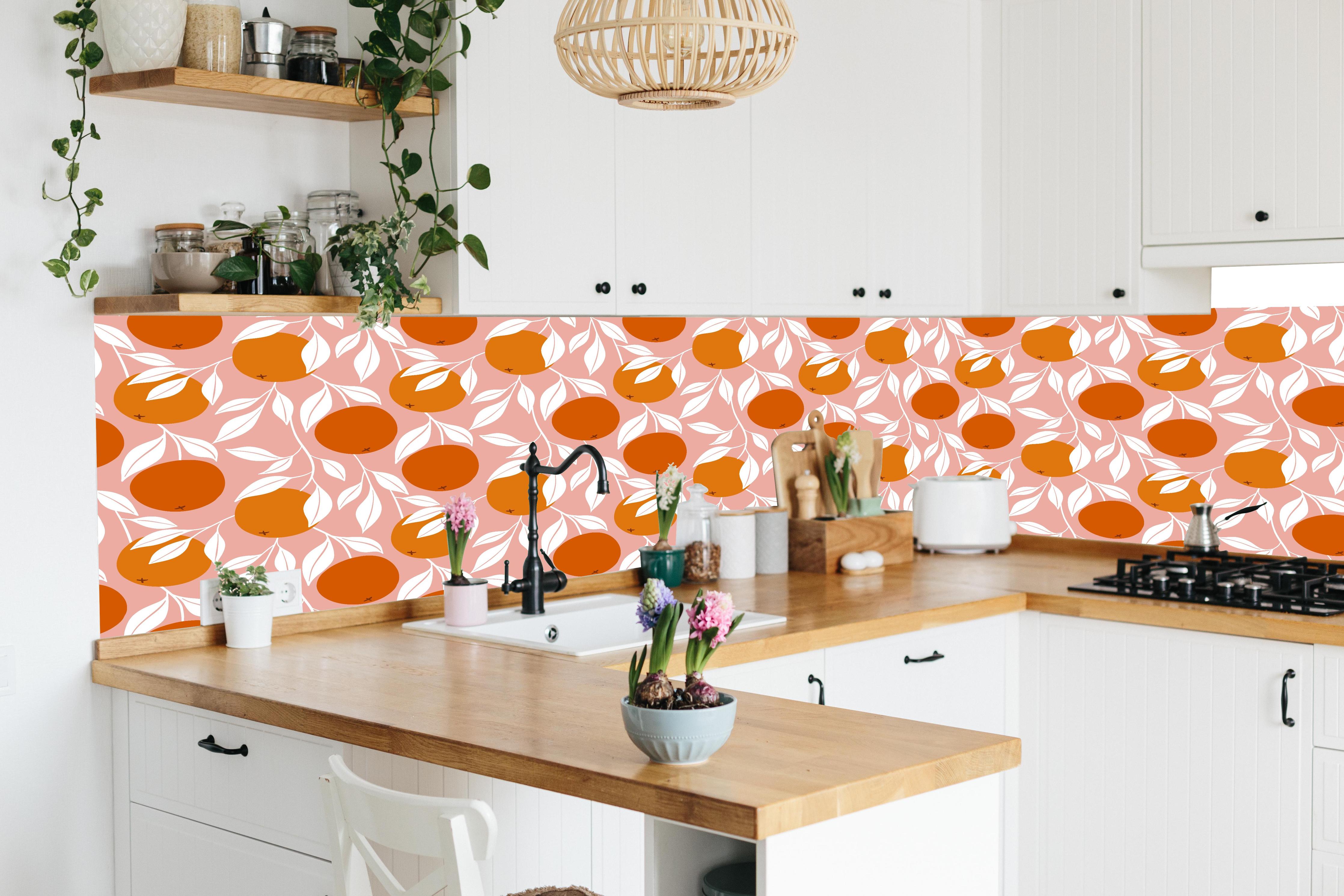 Küche - Orangenmuster Rosa-Orange in lebendiger Küche mit bunten Blumen