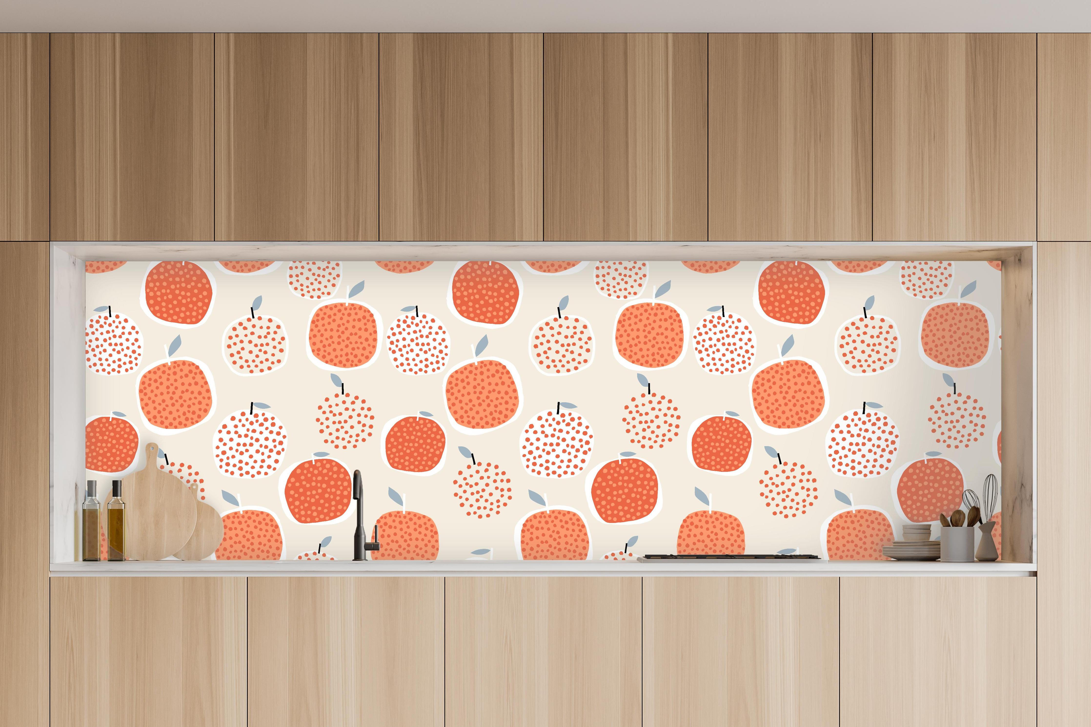 Küche - Orangenmuster in Beige in charakteristischer Vollholz-Küche mit modernem Gasherd