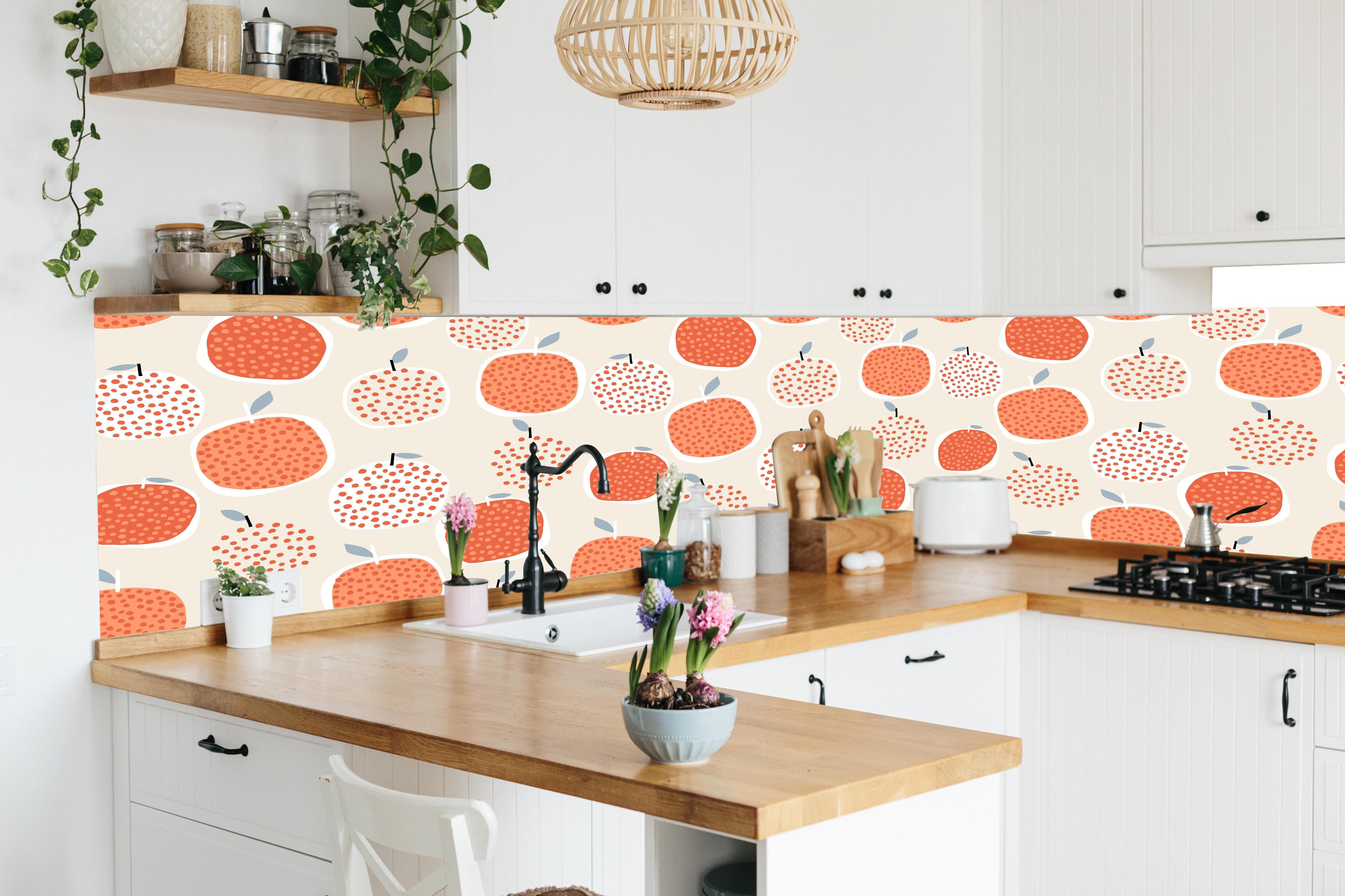 Küche - Orangenmuster in Beige in lebendiger Küche mit bunten Blumen