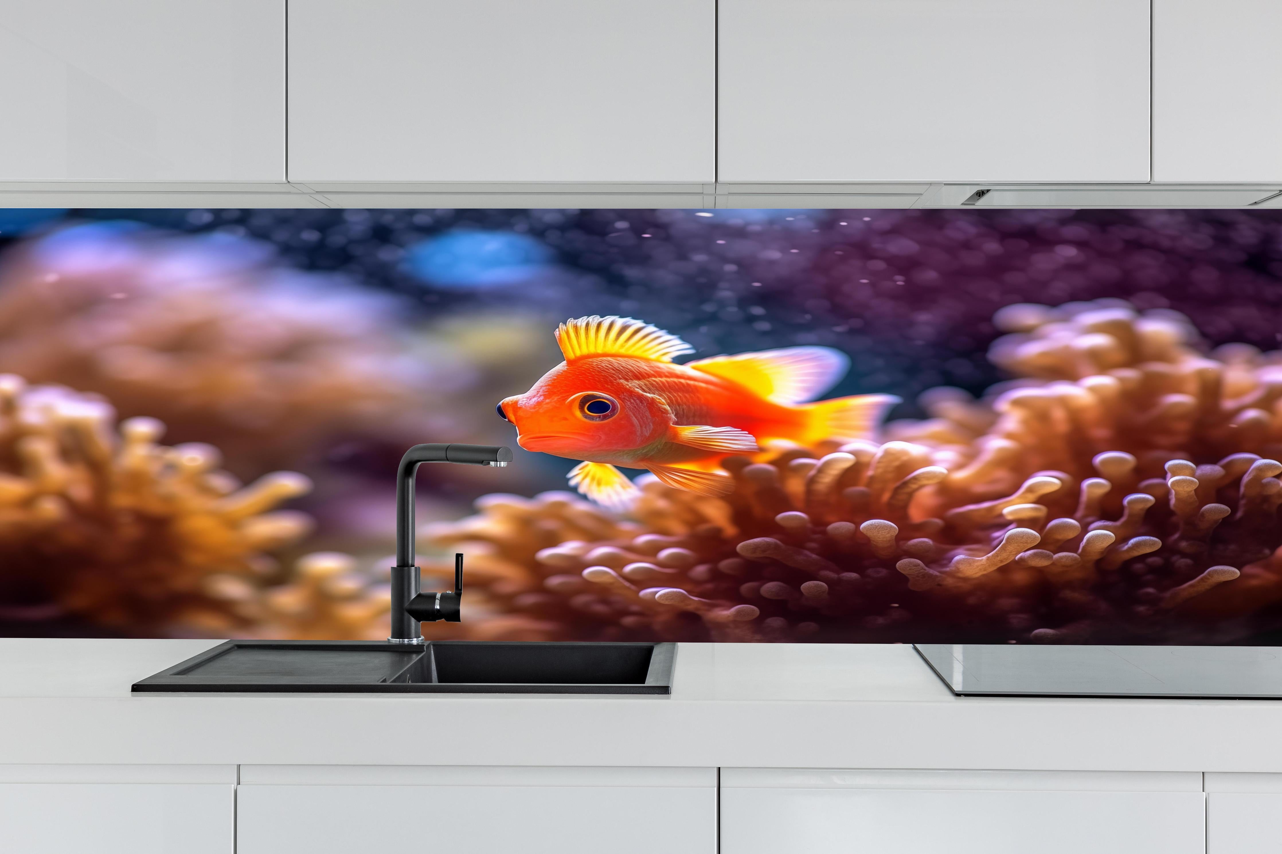 Küche - Oranger Anemonenfisch im Korallenriff hinter weißen Hochglanz-Küchenregalen und schwarzem Wasserhahn