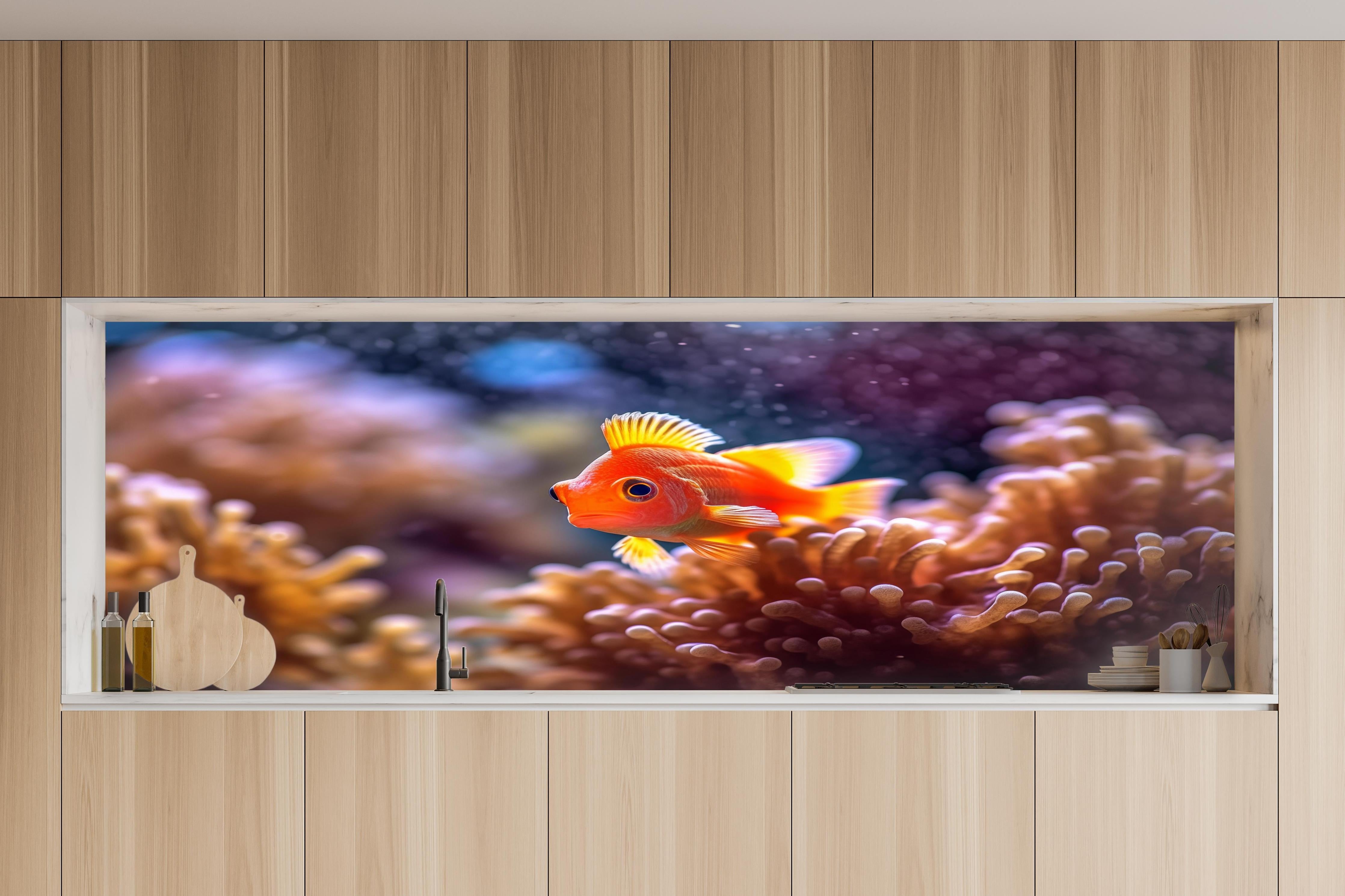 Küche - Oranger Anemonenfisch im Korallenriff in charakteristischer Vollholz-Küche mit modernem Gasherd