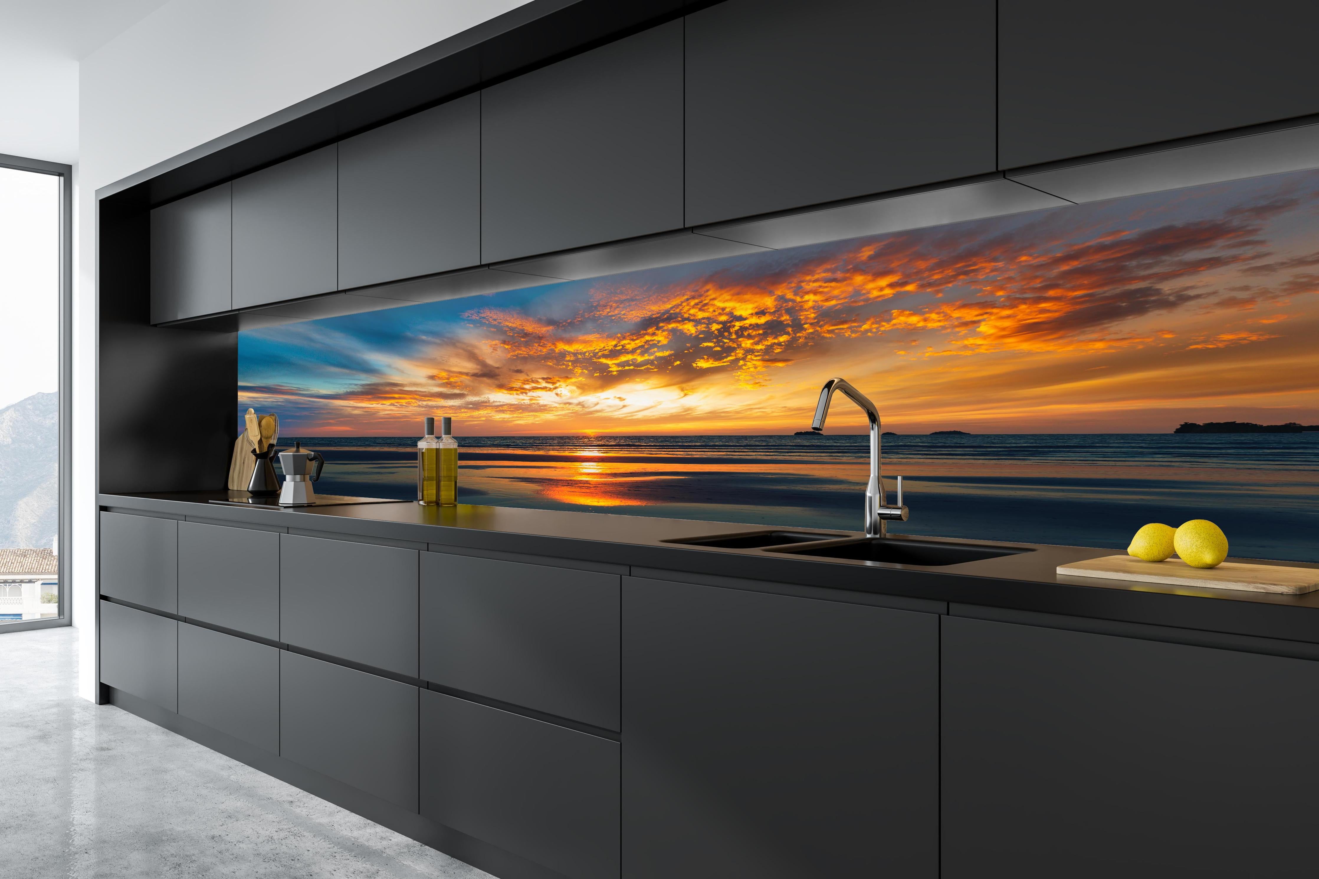 Küche - Panorama Sonnenuntergang am Meer in tiefschwarzer matt-premium Einbauküche