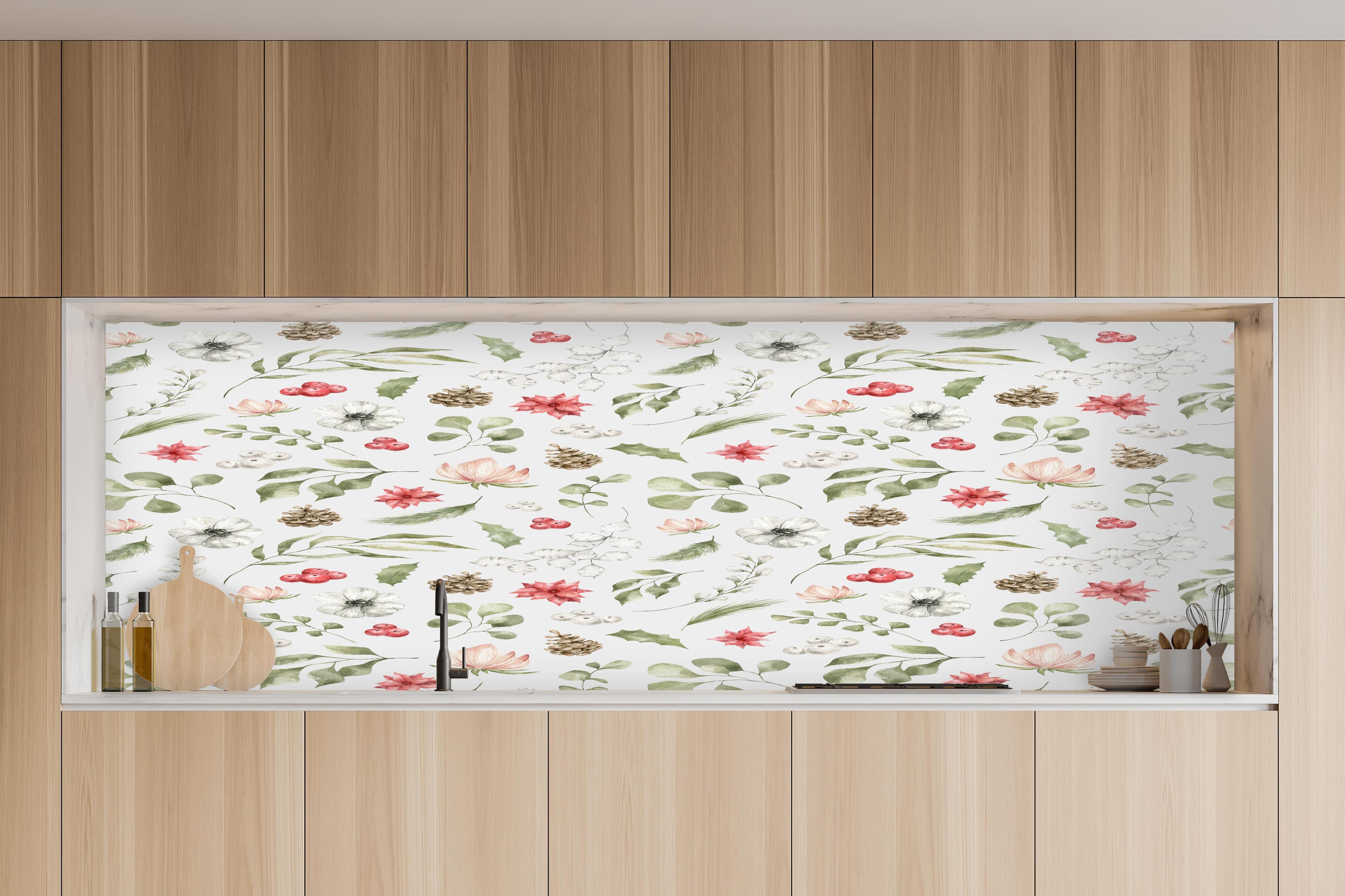 Küche - Pastell Blumenmuster Weiß-Grün-Rosa in charakteristischer Vollholz-Küche mit modernem Gasherd