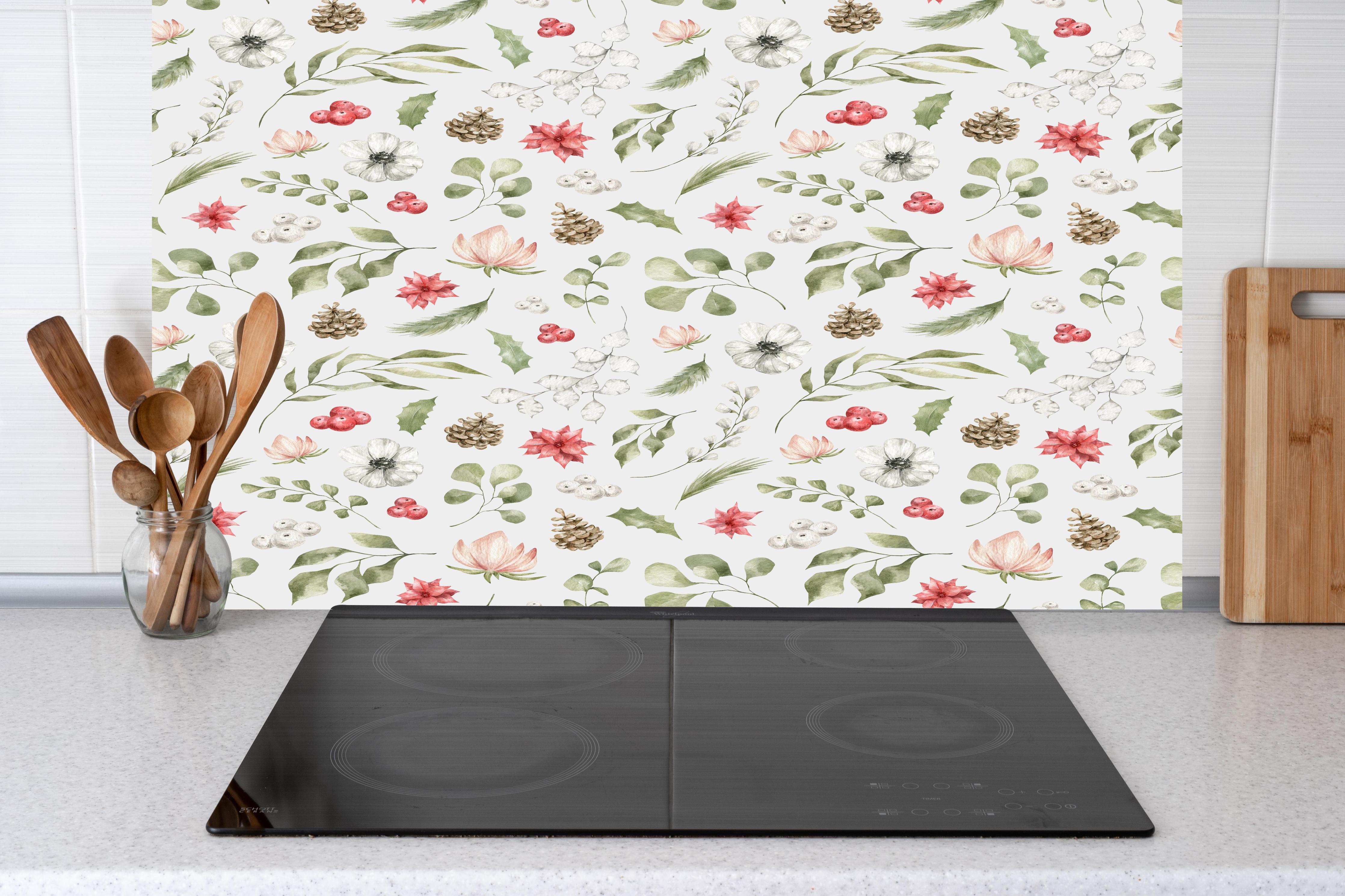 Küche - Pastell Blumenmuster Weiß-Grün-Rosa hinter Cerankochfeld und Holz-Kochutensilien