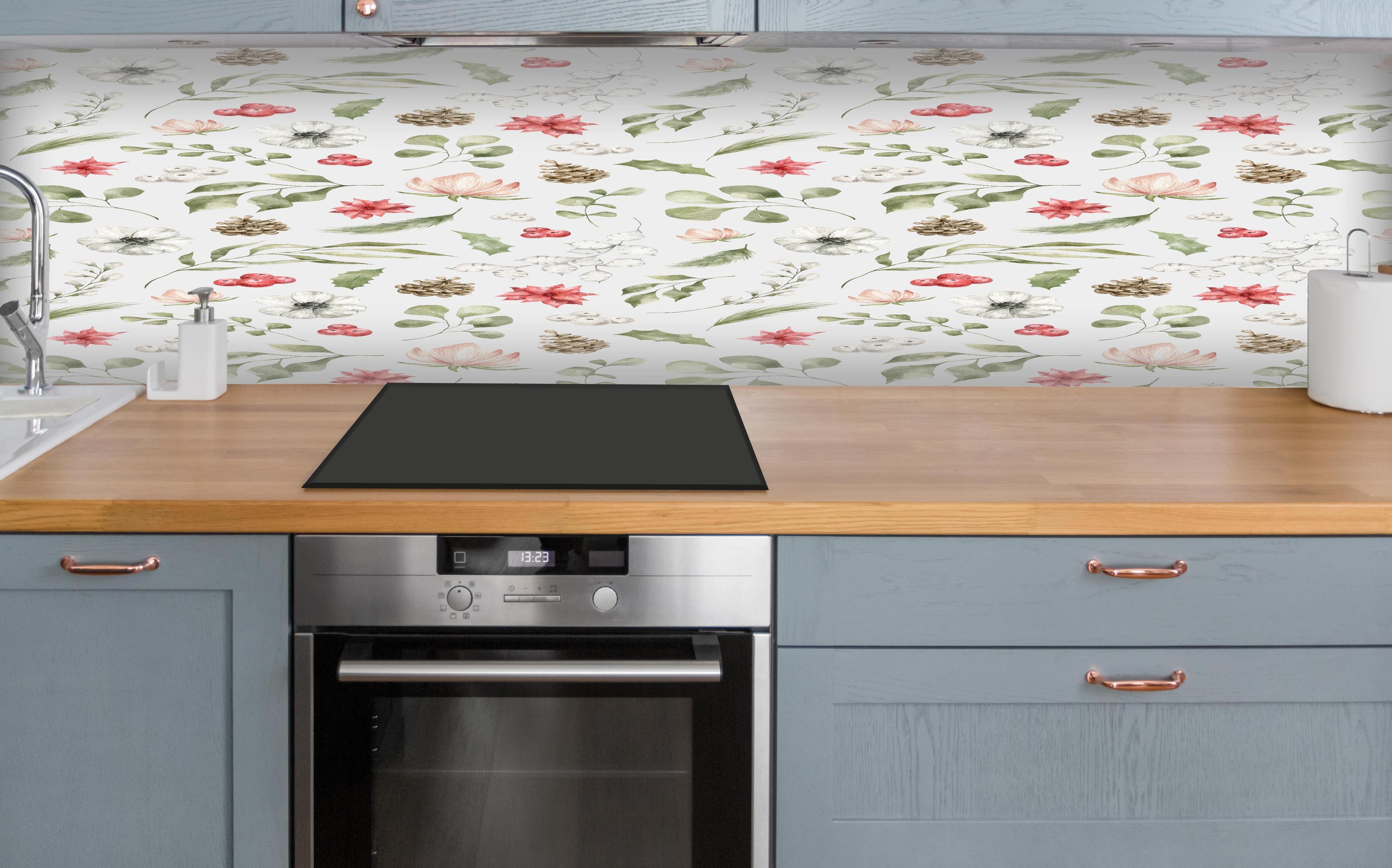 Küche - Pastell Blumenmuster Weiß-Grün-Rosa über polierter Holzarbeitsplatte mit Cerankochfeld