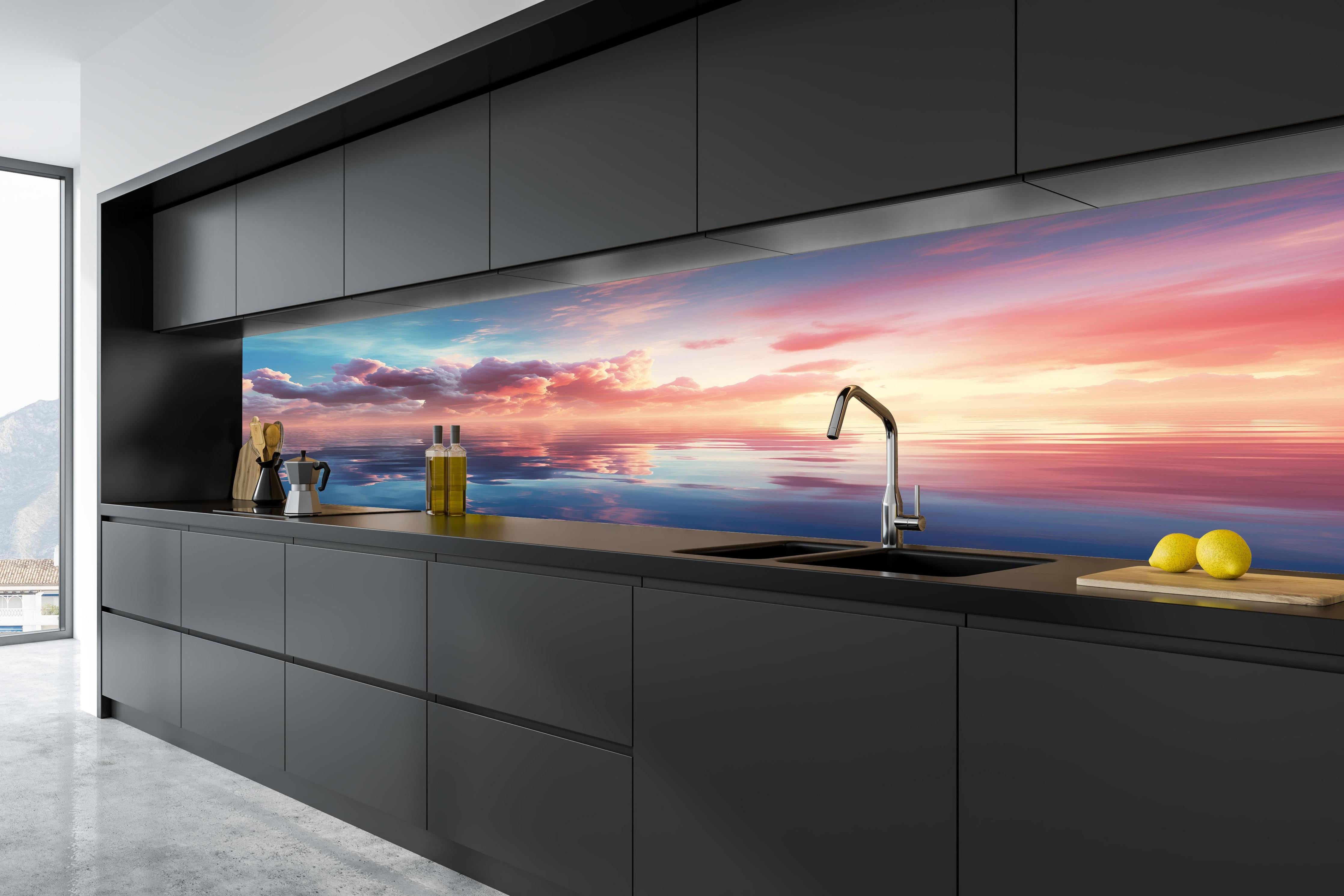 Küche - Pastell-Sonnenuntergang über Meer in tiefschwarzer matt-premium Einbauküche