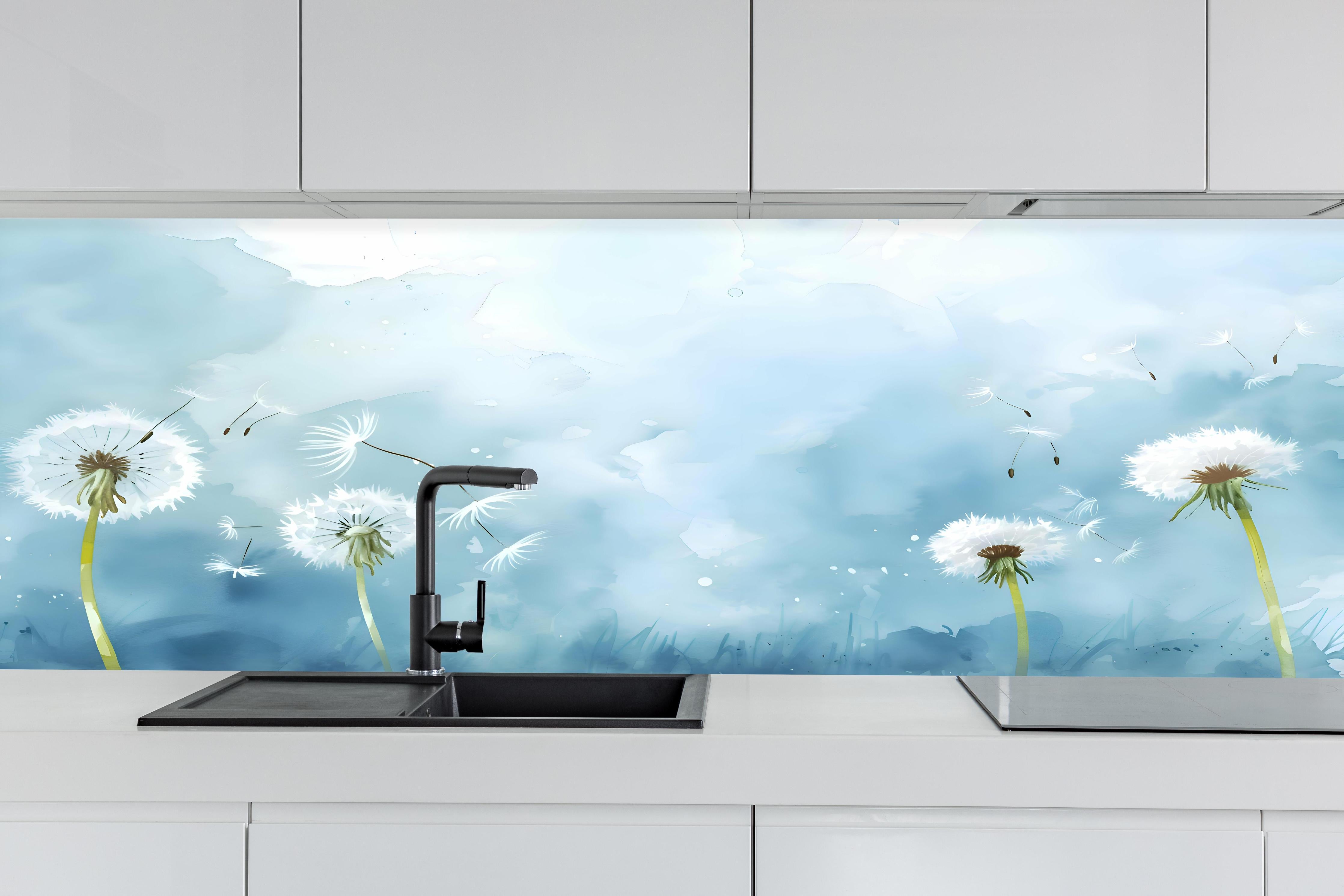 Küche - Pusteblumen Aquarell Blau-Weiß hinter weißen Hochglanz-Küchenregalen und schwarzem Wasserhahn
