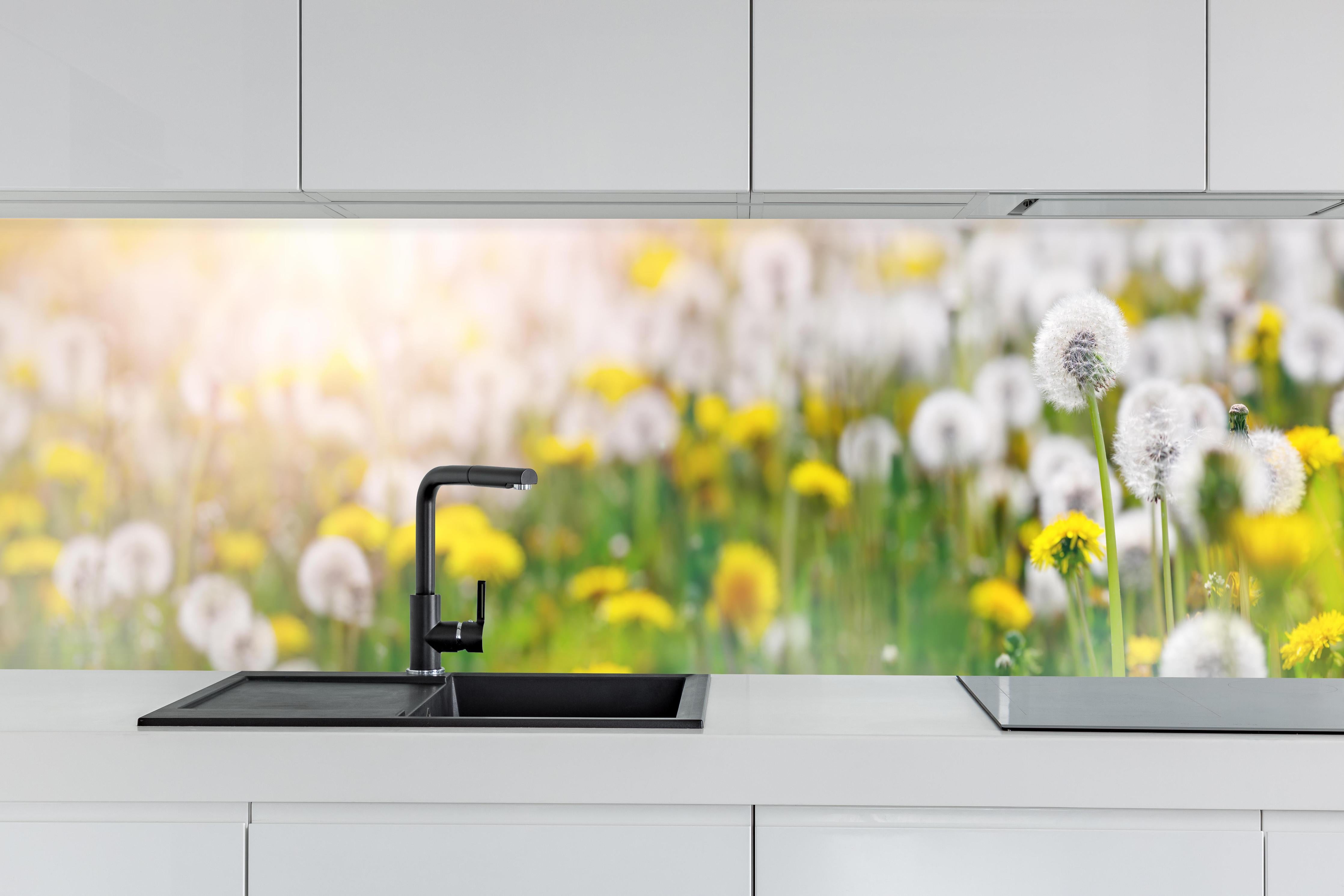 Küche - Pusteblumen-Wiese Gelb Weiß hinter weißen Hochglanz-Küchenregalen und schwarzem Wasserhahn