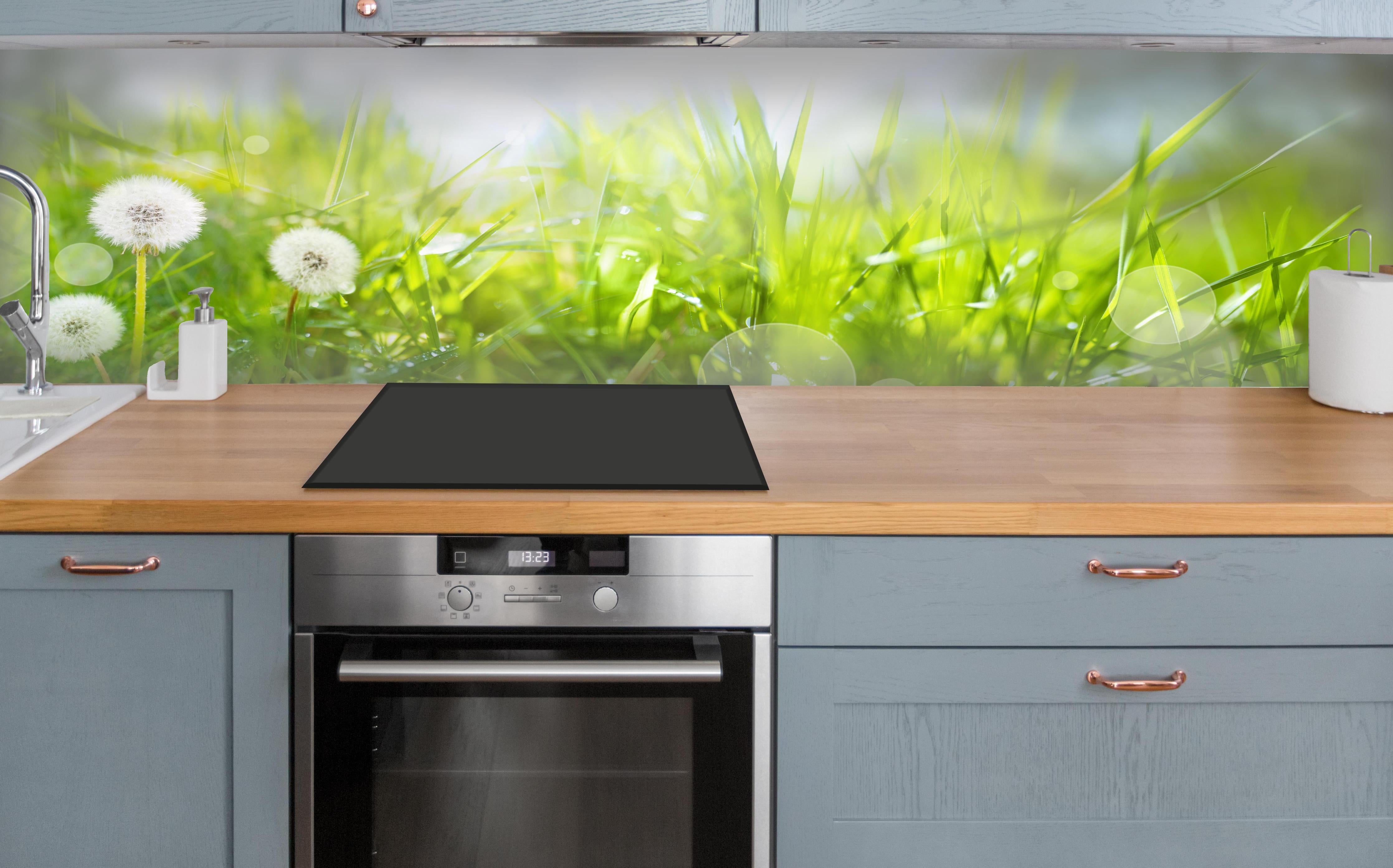 Küche - Pusteblumen auf grüner Wiese über polierter Holzarbeitsplatte mit Cerankochfeld