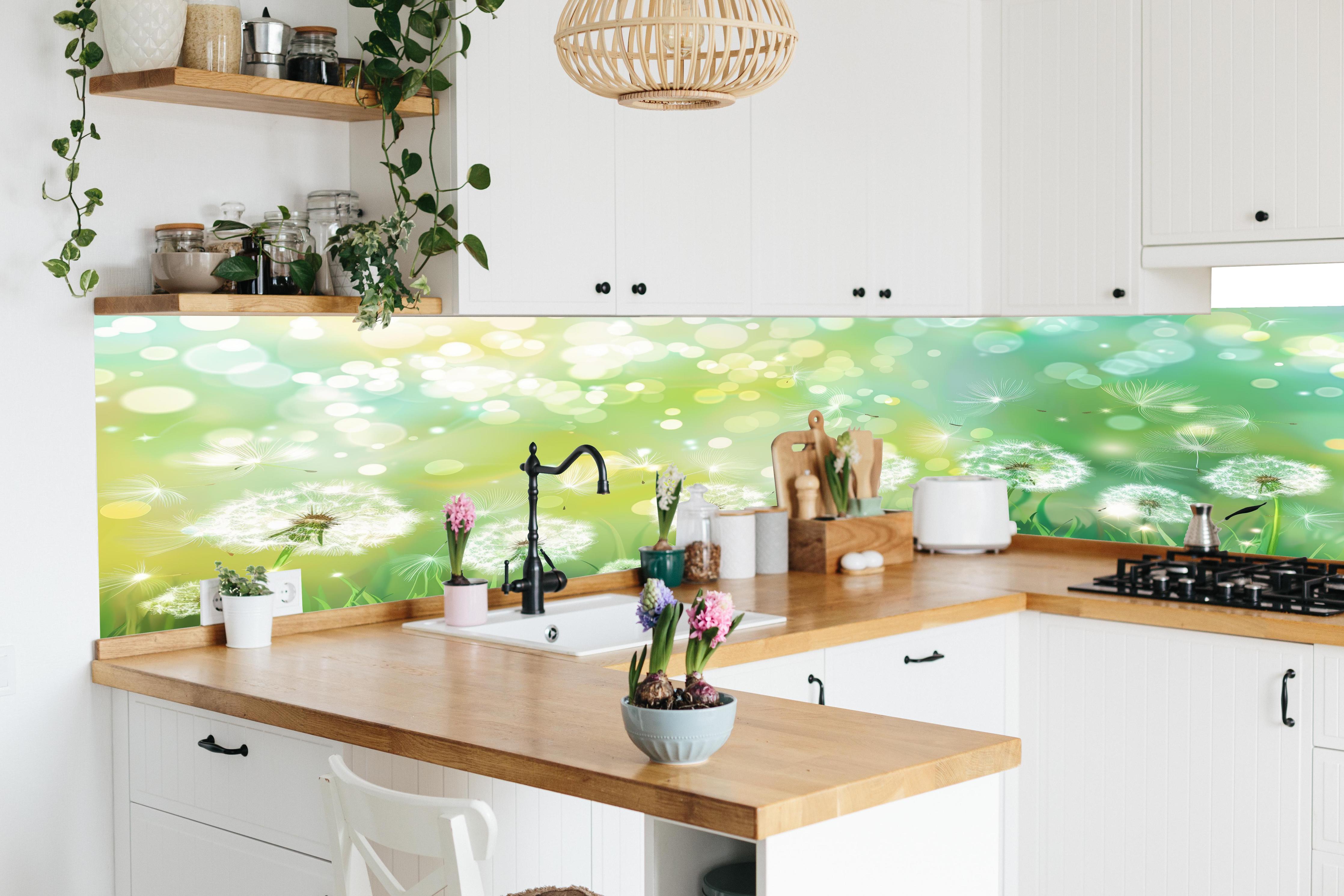 Küche - Pusteblumen im Frühlingsgrün in lebendiger Küche mit bunten Blumen