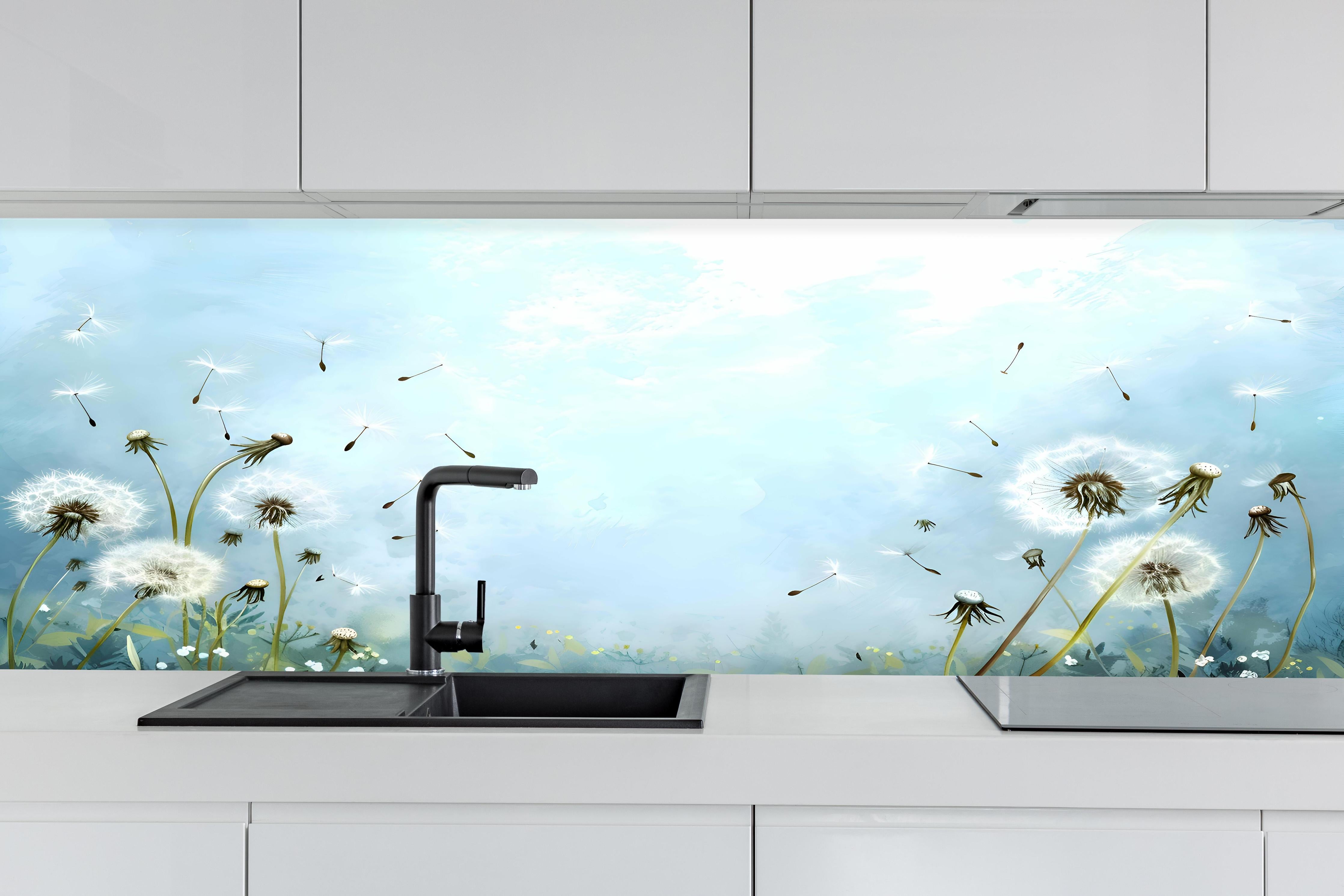 Küche - Pusteblumen im blauen Himmel hinter weißen Hochglanz-Küchenregalen und schwarzem Wasserhahn