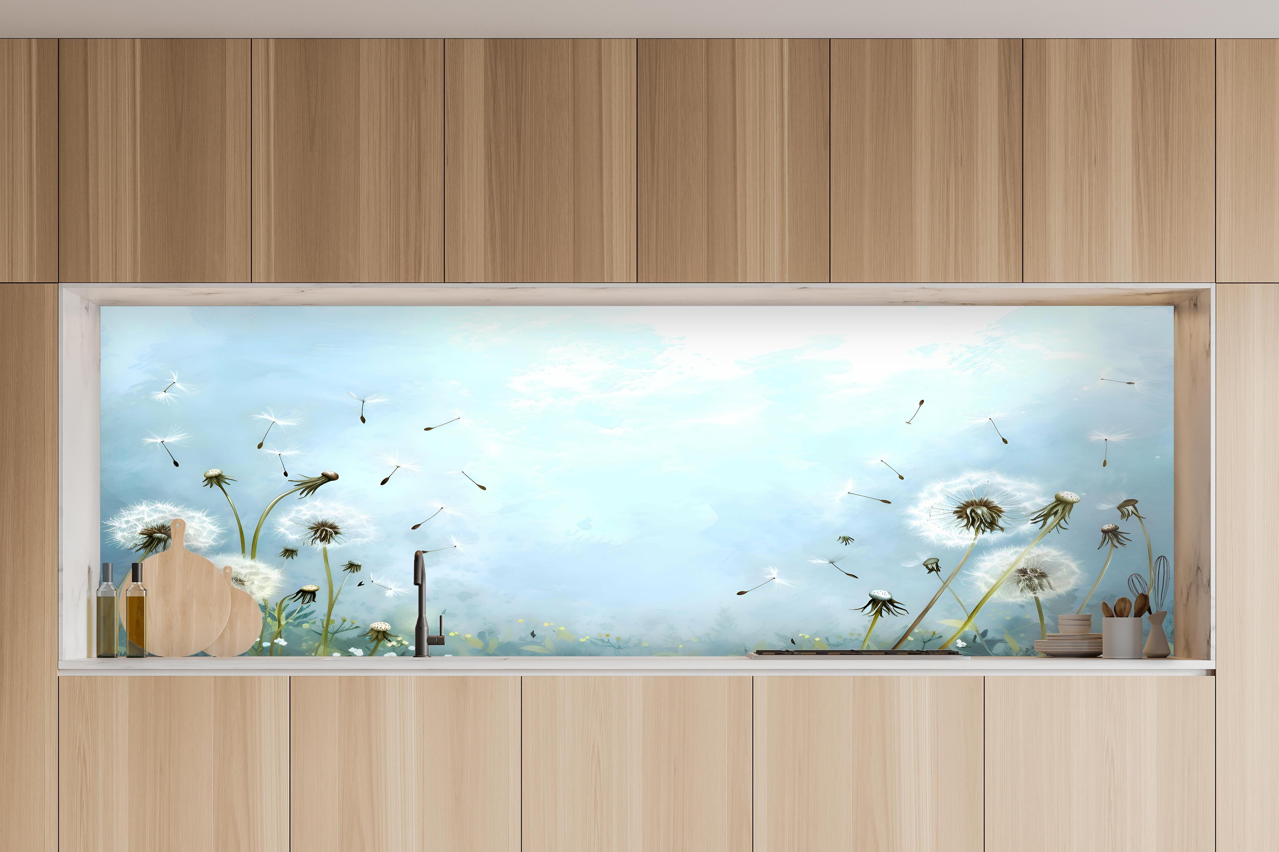 Küche - Pusteblumen im blauen Himmel in charakteristischer Vollholz-Küche mit modernem Gasherd