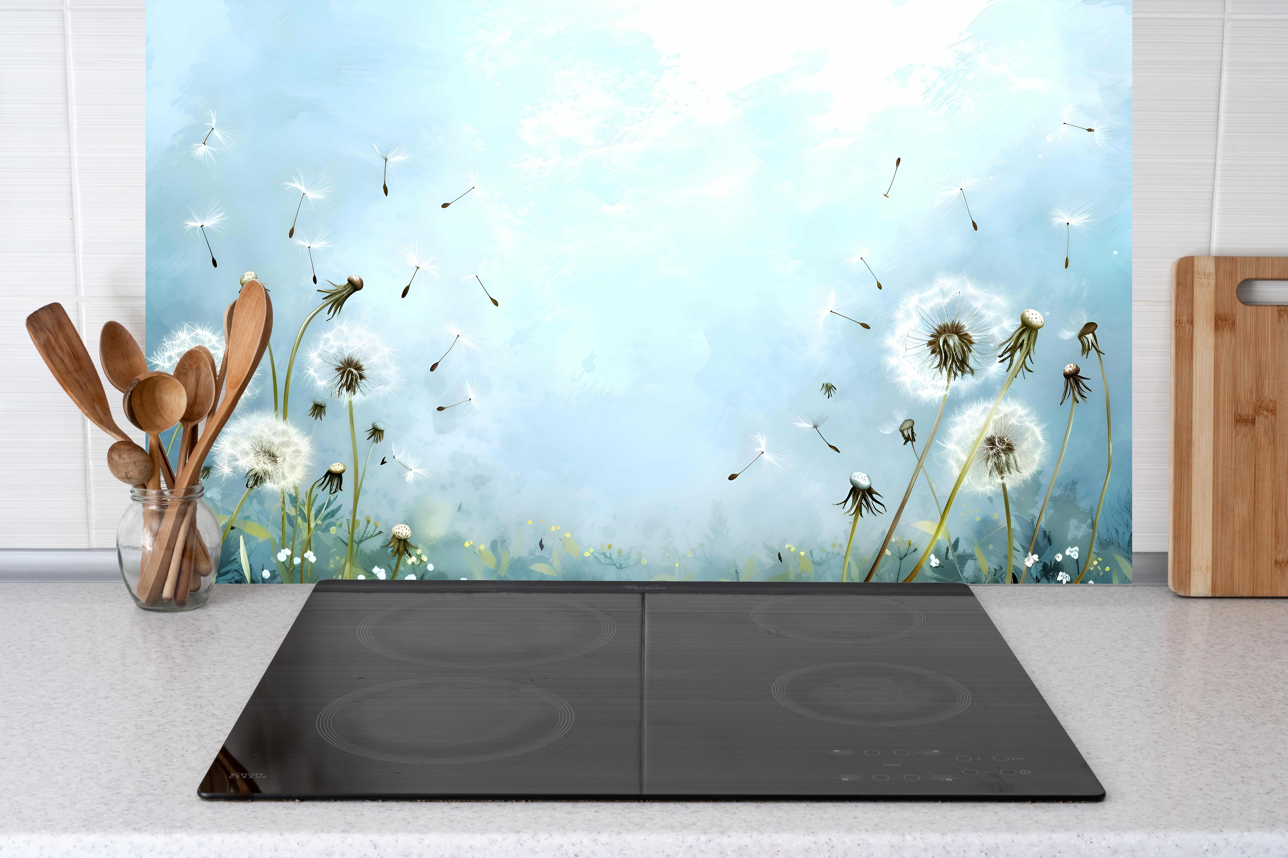 Küche - Pusteblumen im blauen Himmel hinter Cerankochfeld und Holz-Kochutensilien