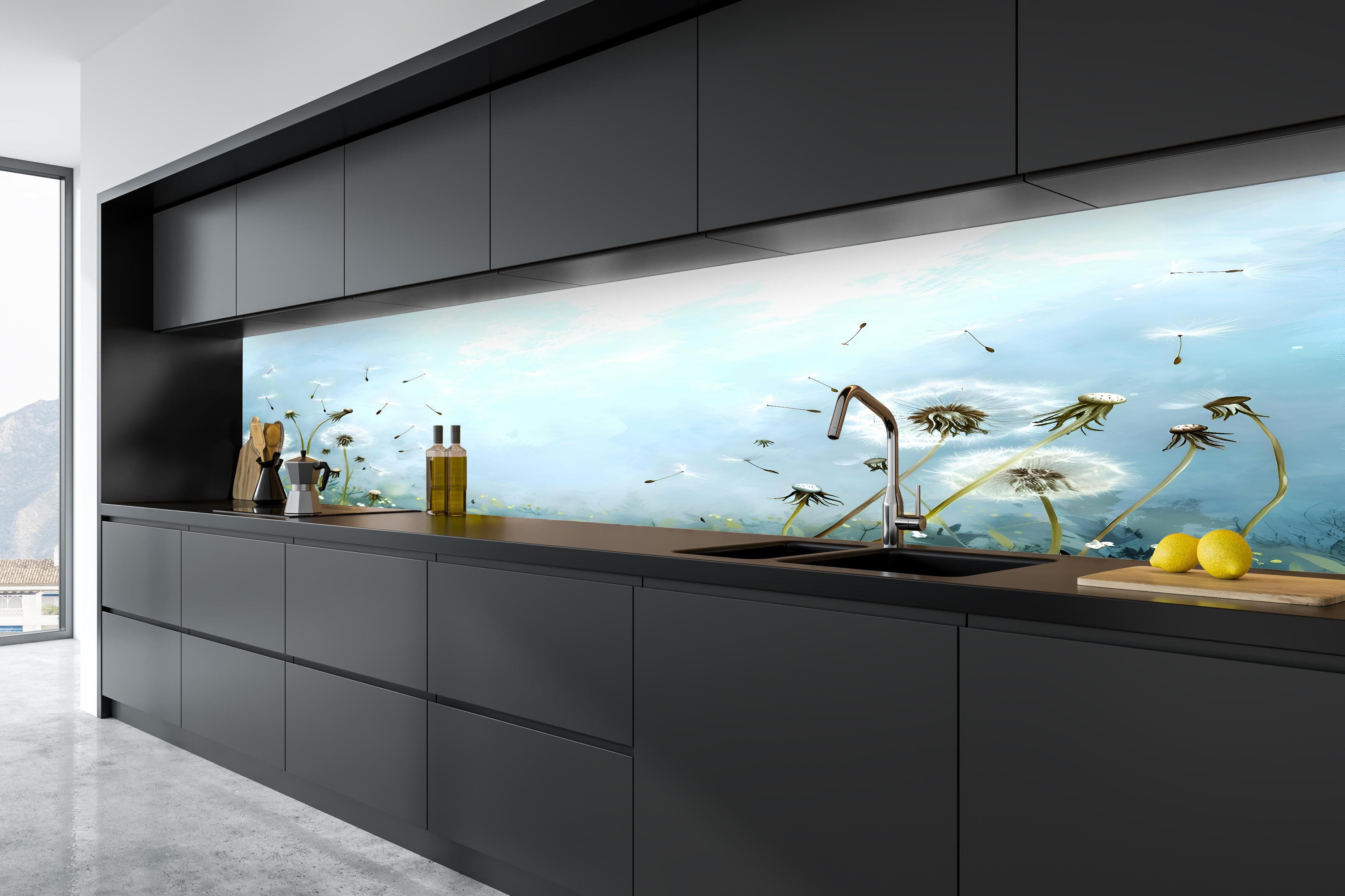 Küche - Pusteblumen im blauen Himmel in tiefschwarzer matt-premium Einbauküche