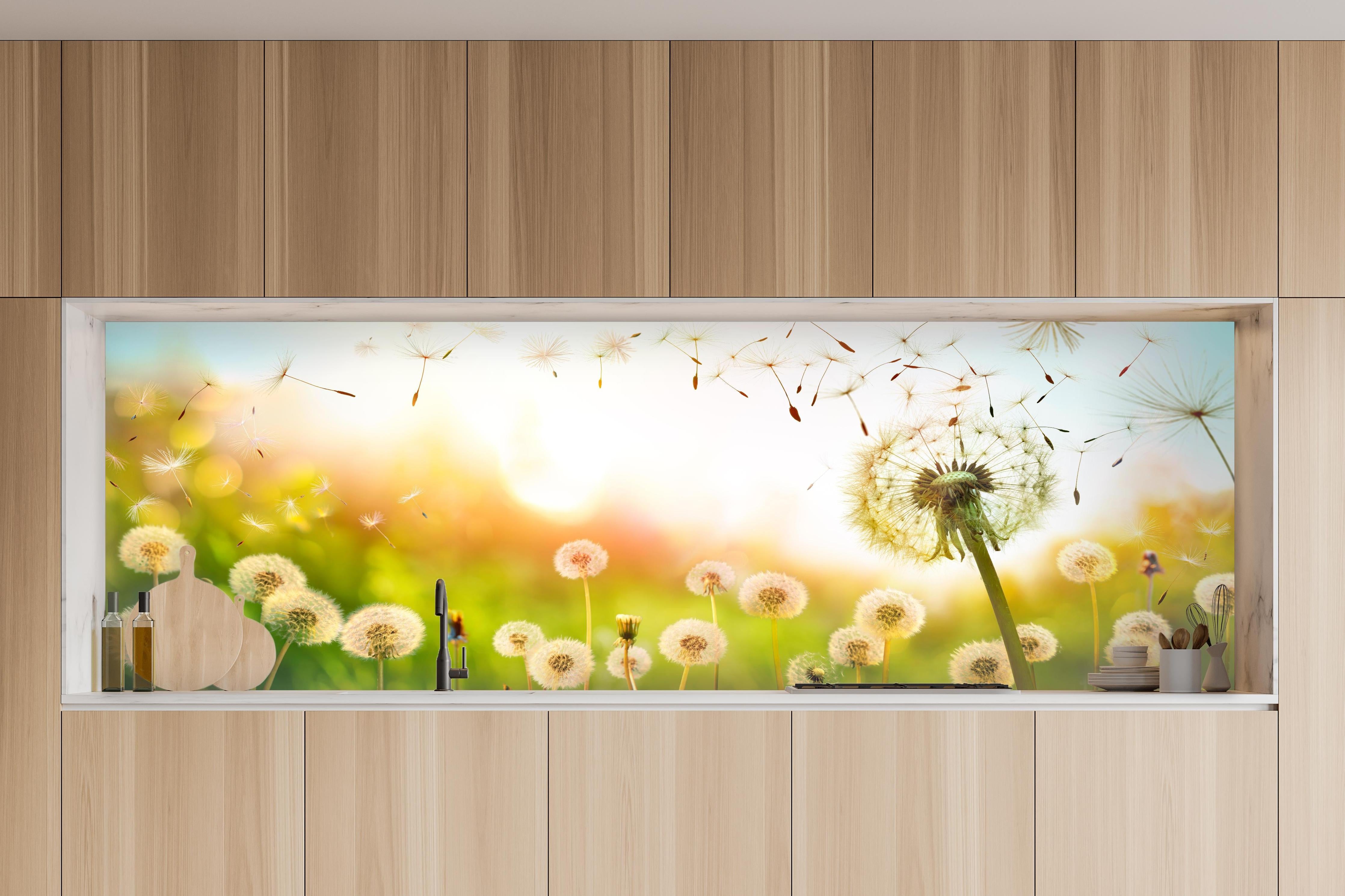 Küche - Pusteblumen im goldenen Licht in charakteristischer Vollholz-Küche mit modernem Gasherd