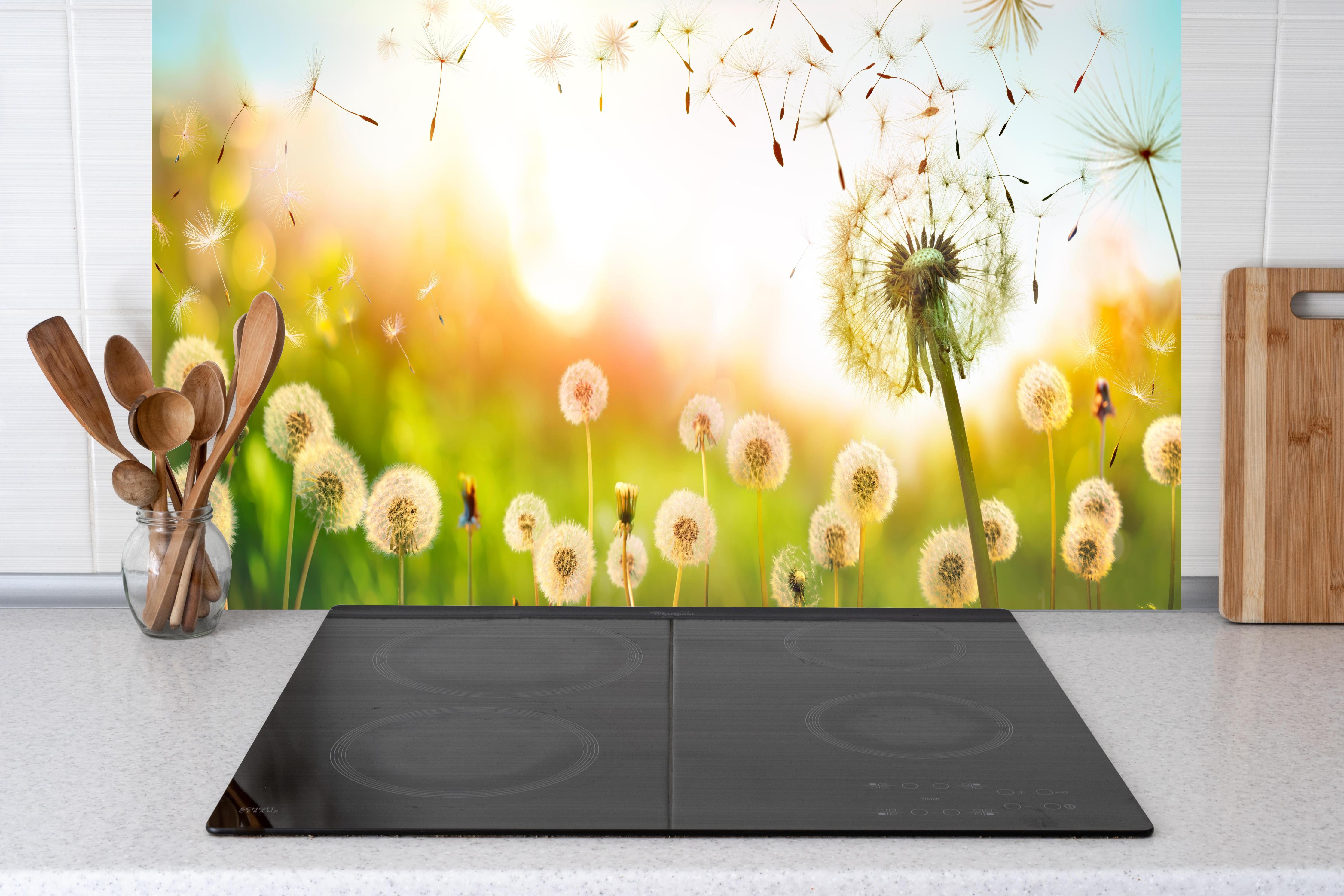 Küche - Pusteblumen im goldenen Licht hinter Cerankochfeld und Holz-Kochutensilien