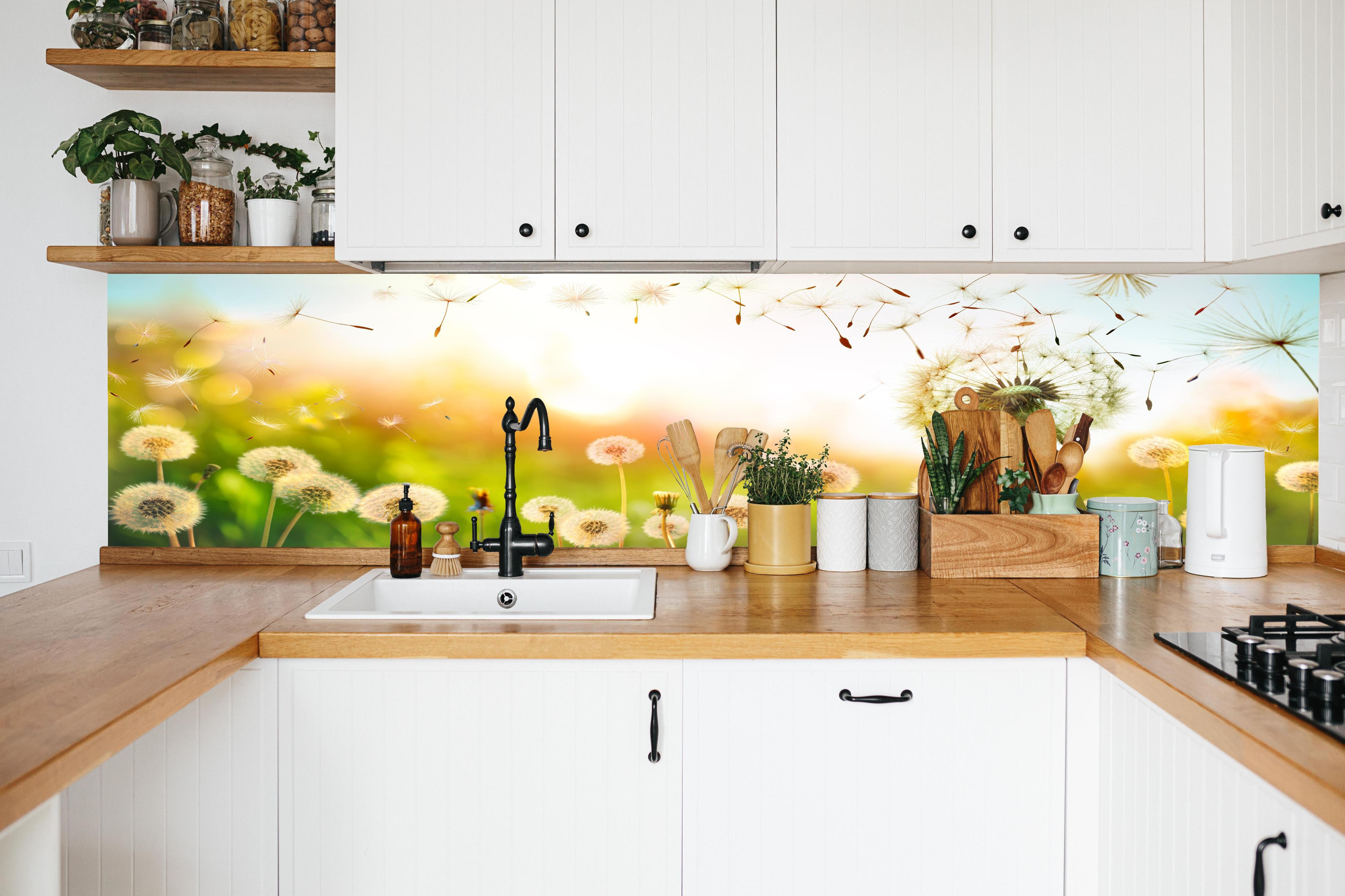 Küche - Pusteblumen im goldenen Licht in weißer Küche hinter Gewürzen und Kochlöffeln aus Holz