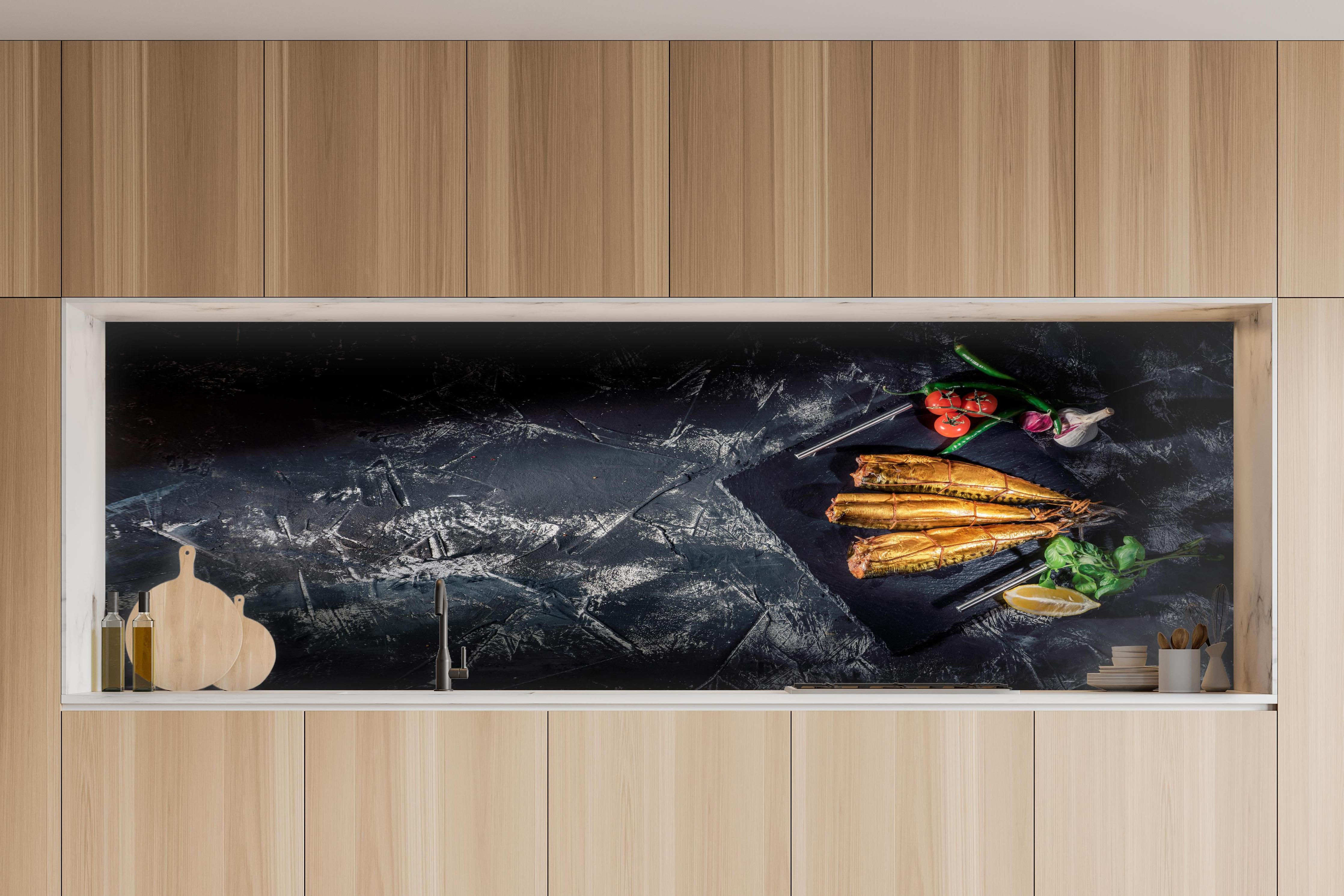 Küche - Räucherfisch auf dunklem Schiefer in charakteristischer Vollholz-Küche mit modernem Gasherd