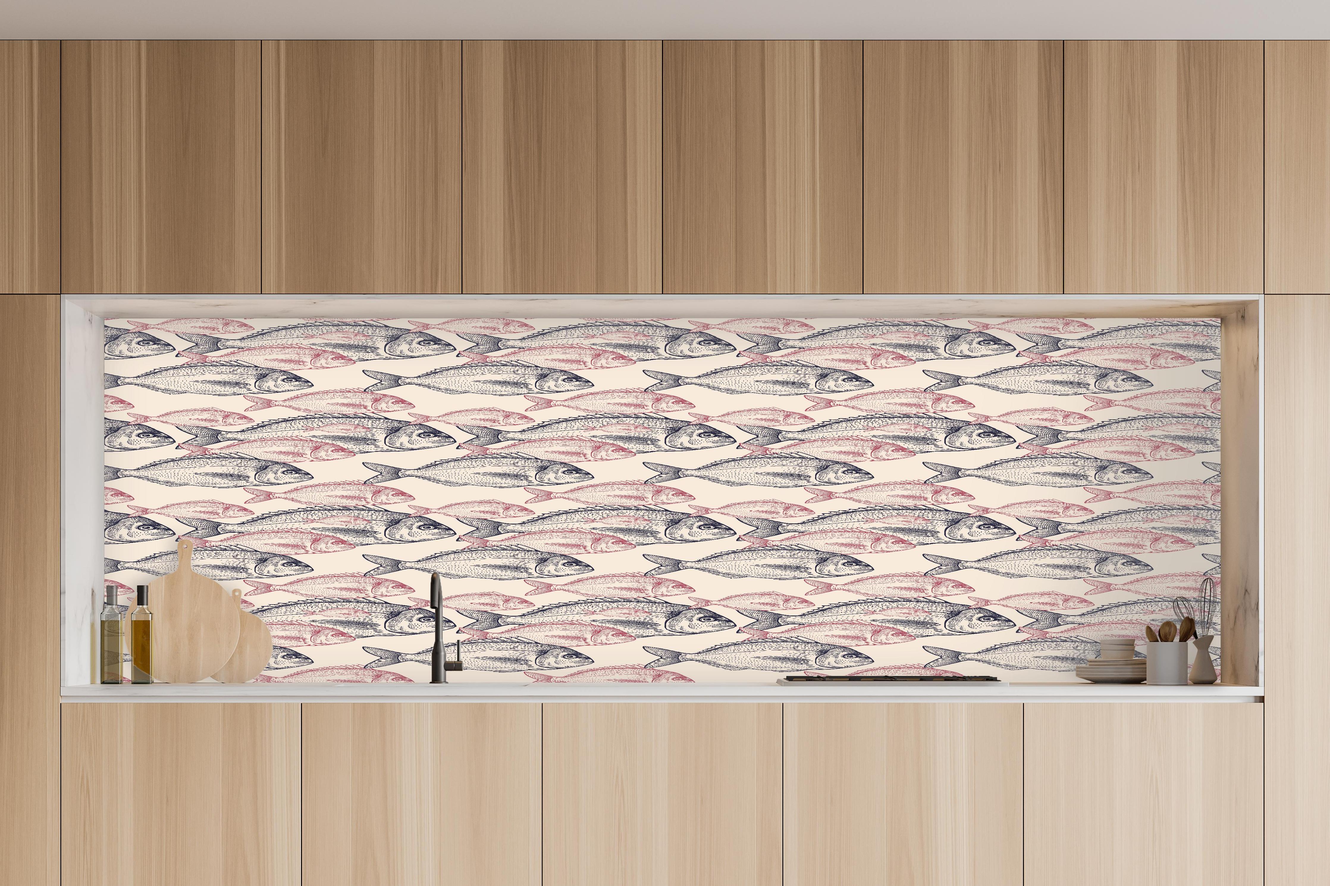 Küche - Realistisches Fischmuster Rosa-Grau in charakteristischer Vollholz-Küche mit modernem Gasherd