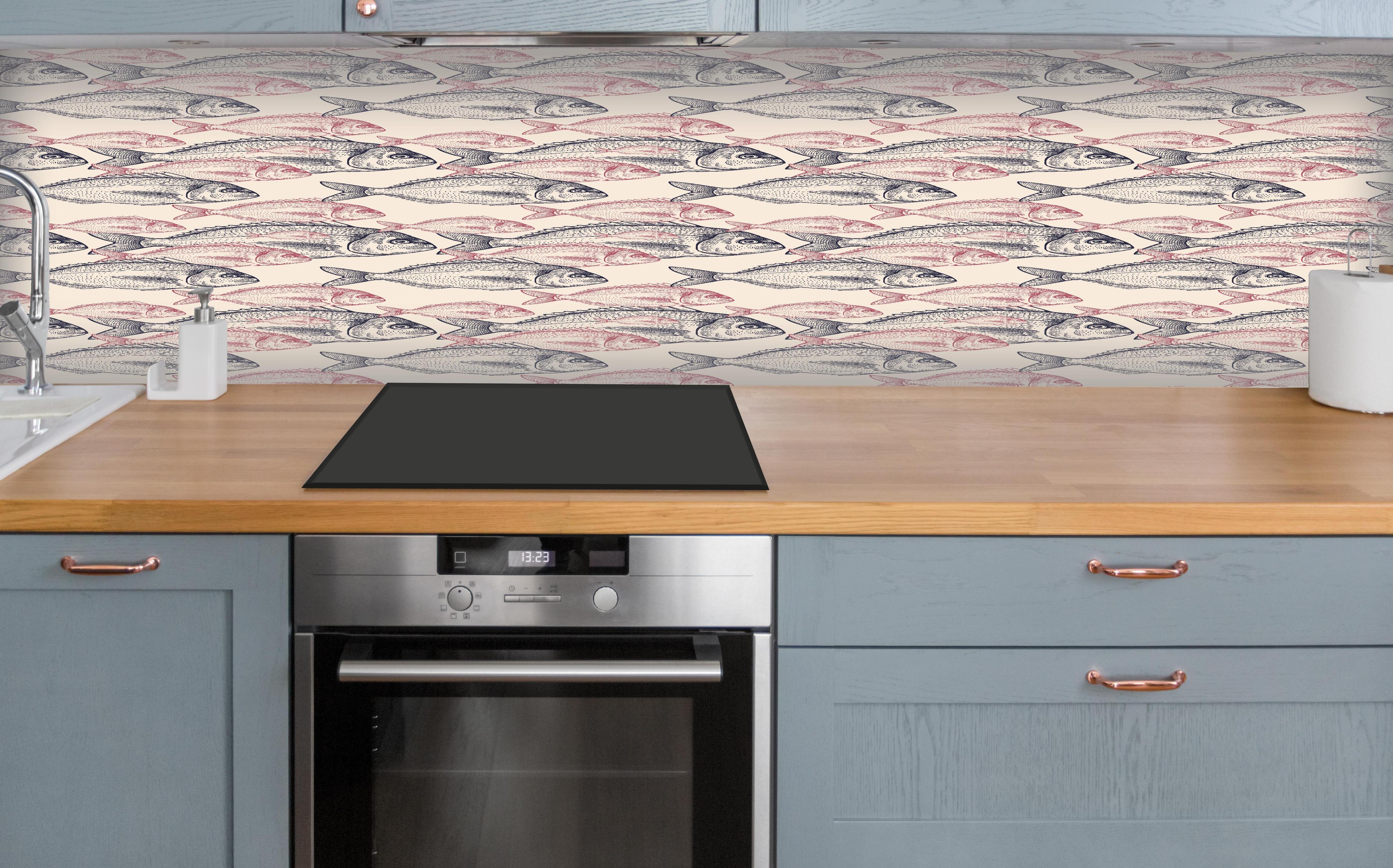 Küche - Realistisches Fischmuster Rosa-Grau über polierter Holzarbeitsplatte mit Cerankochfeld