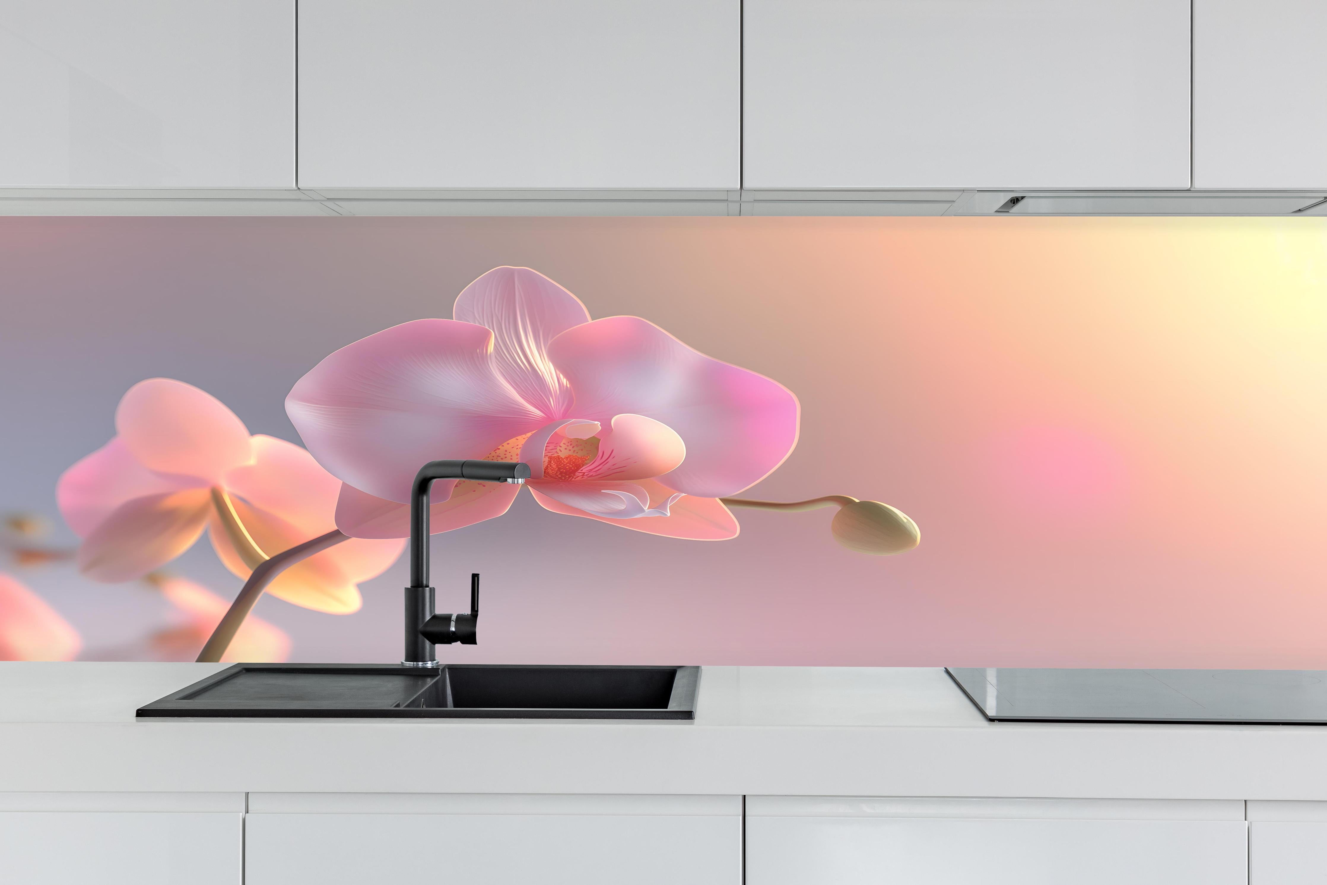 Küche - Rosa Orchidee Pastellhintergrund hinter weißen Hochglanz-Küchenregalen und schwarzem Wasserhahn