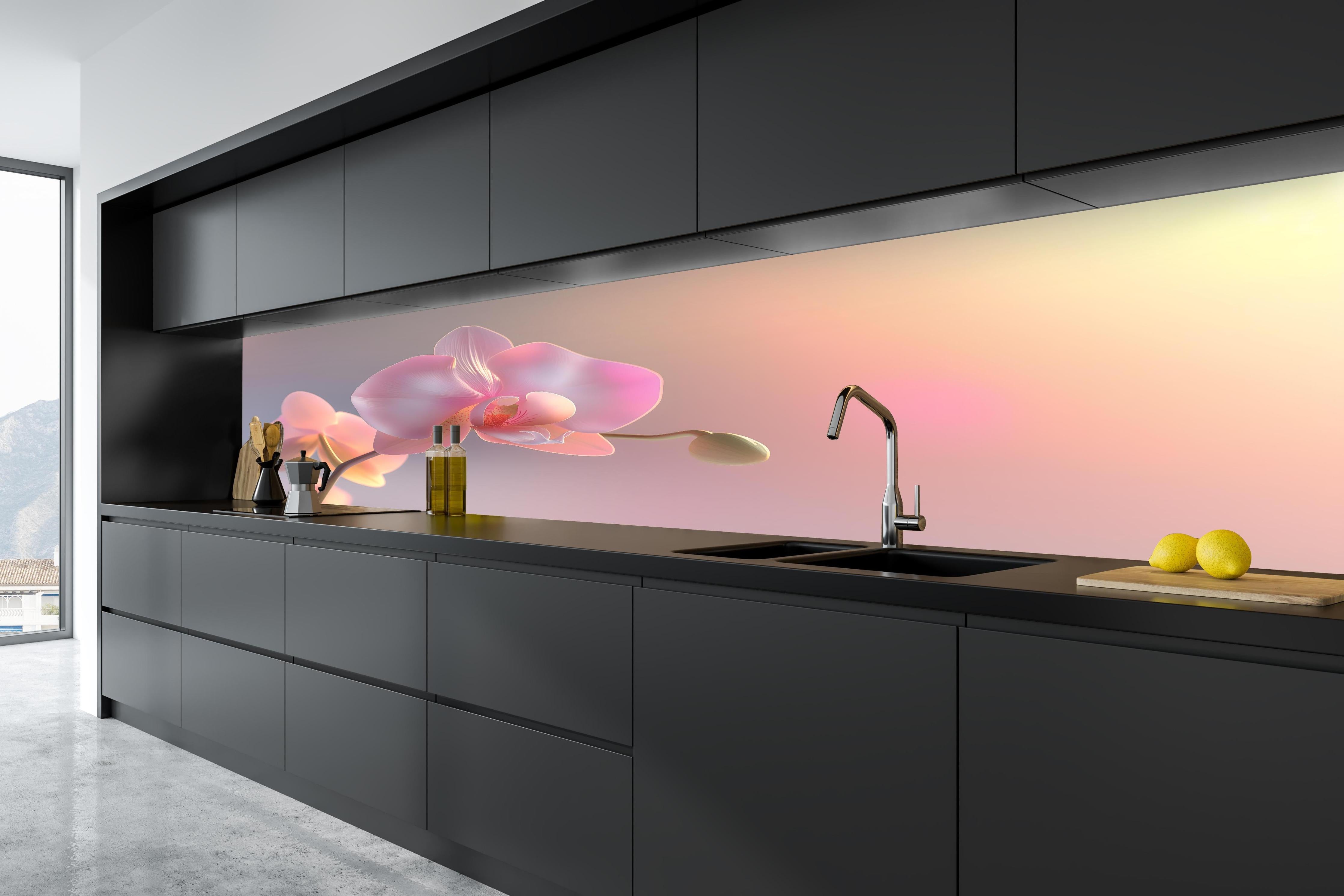 Küche - Rosa Orchidee Pastellhintergrund in tiefschwarzer matt-premium Einbauküche